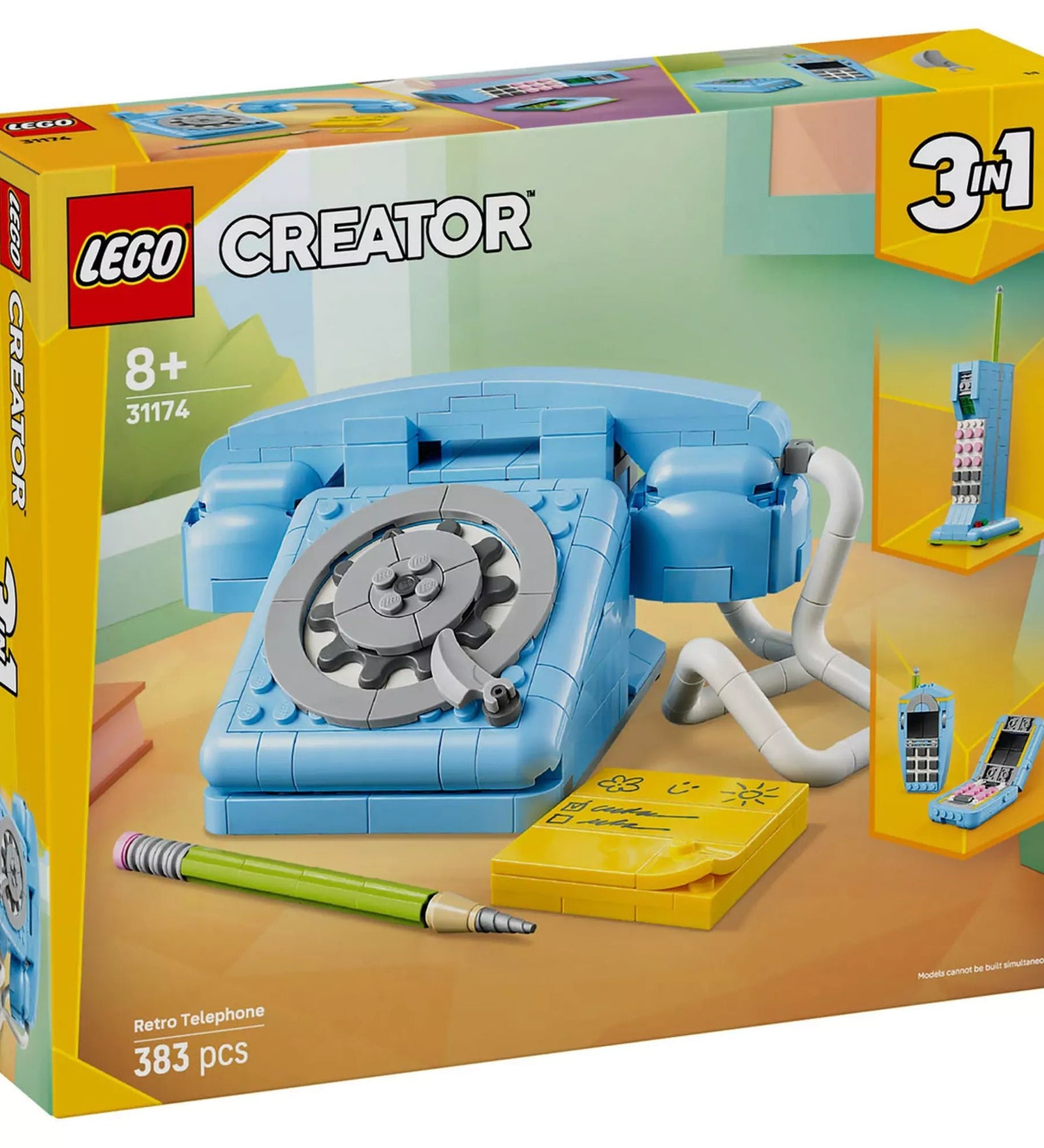 A LEGO Creator Retro telefon (31174) dobozának eleje, rajta a világoskék tárcsás telefon és a 3 az 1-ben logó.