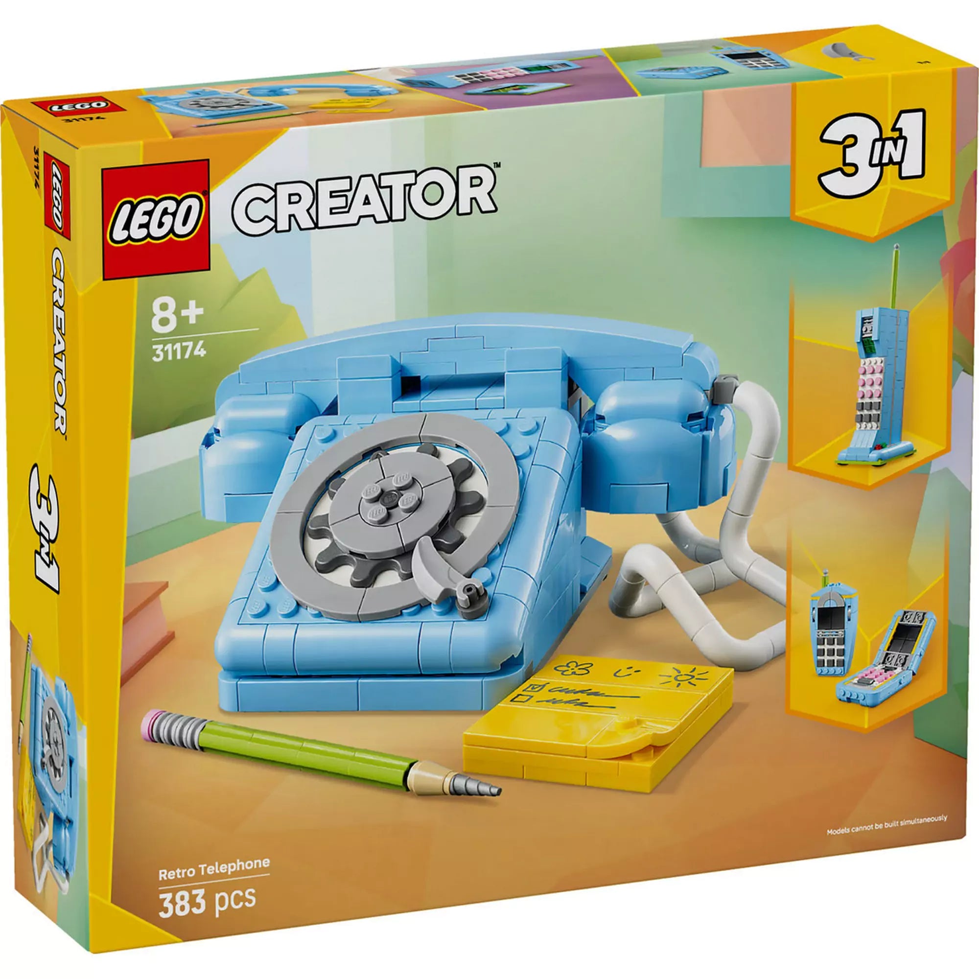 A LEGO Creator Retro telefon (31174) dobozának eleje, rajta a világoskék tárcsás telefon és a 3 az 1-ben logó.