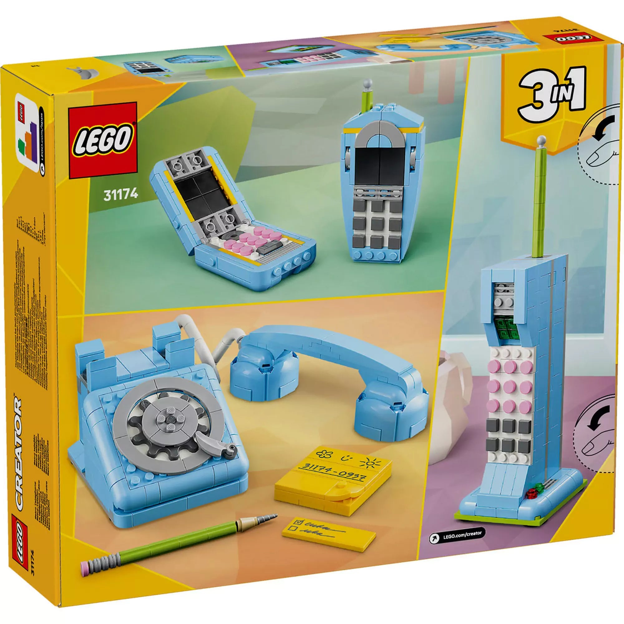 A LEGO Creator Retro telefon (31174) dobozának hátlapja, rajta a 3 az 1-ben építési lehetőségekkel és a telefonmodellekkel.