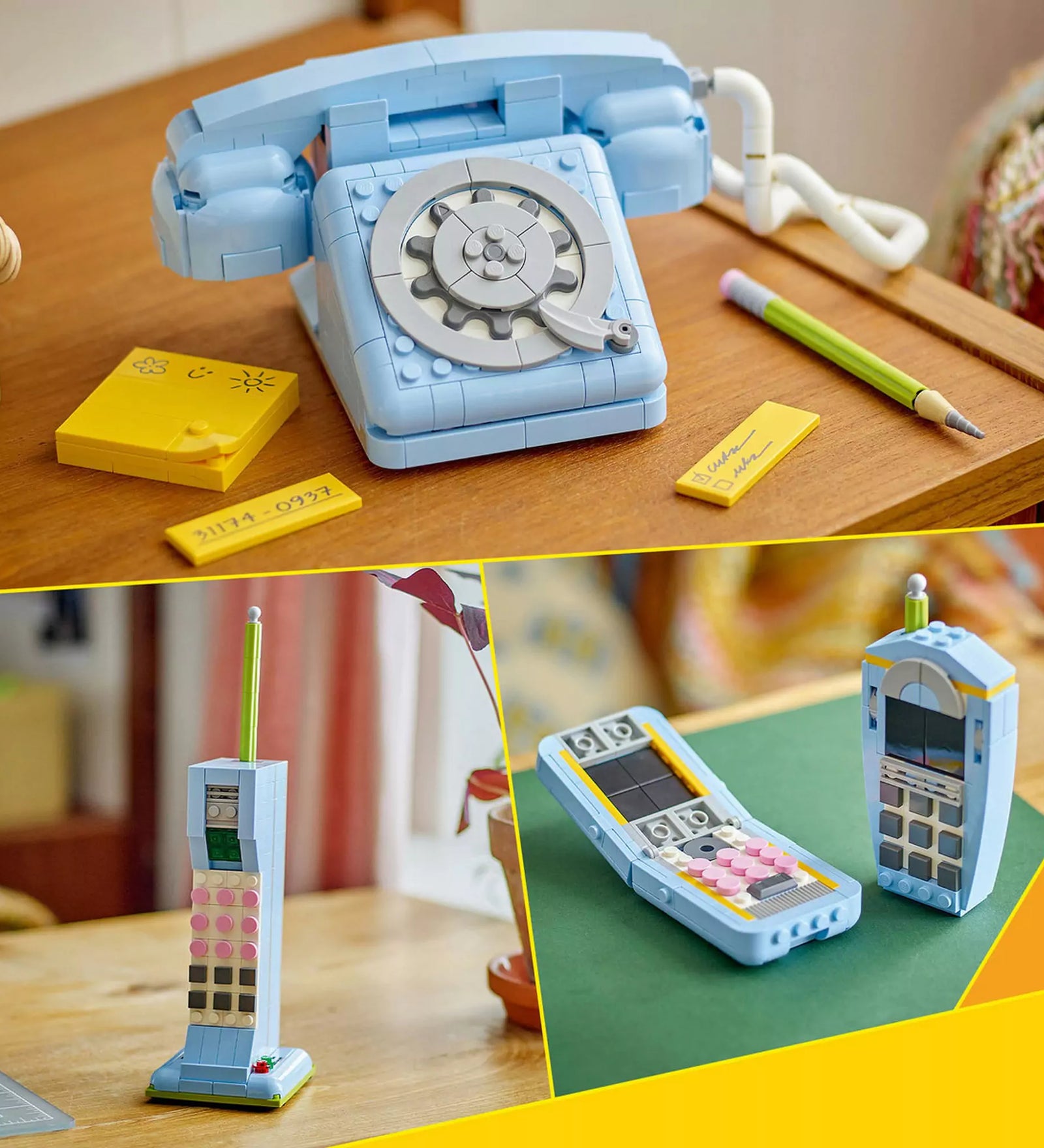 A LEGO Creator Retro telefon (31174) három változatban: tárcsás vezetékes telefon, klasszikus mobiltelefon és felnyitható mobilmodell.