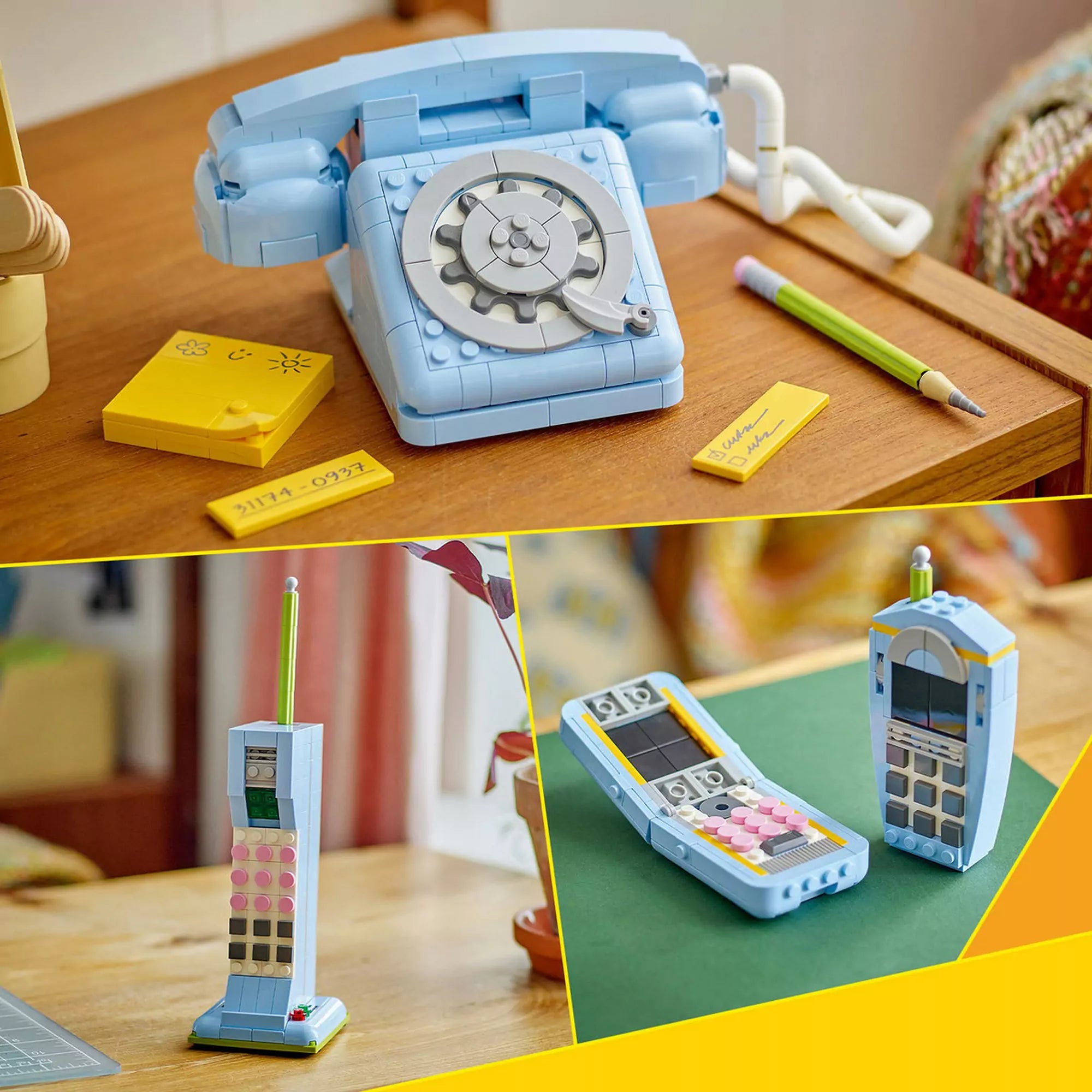 A LEGO Creator Retro telefon (31174) három változatban: tárcsás vezetékes telefon, klasszikus mobiltelefon és felnyitható mobilmodell.