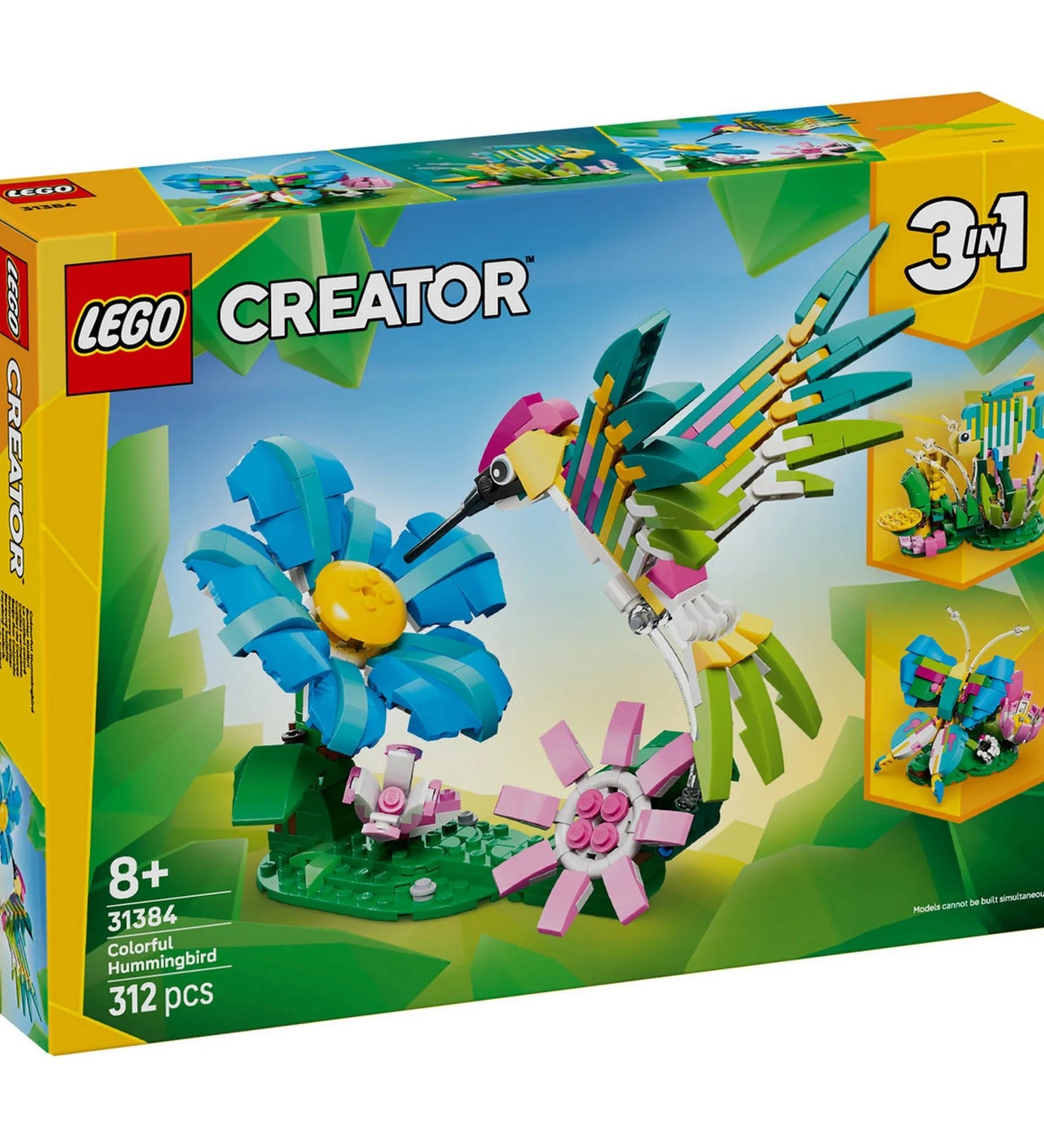 LEGO Creator 3 az 1-ben: Színes kolibri 31384 doboza, kolibrivel és virágos jelenettel.