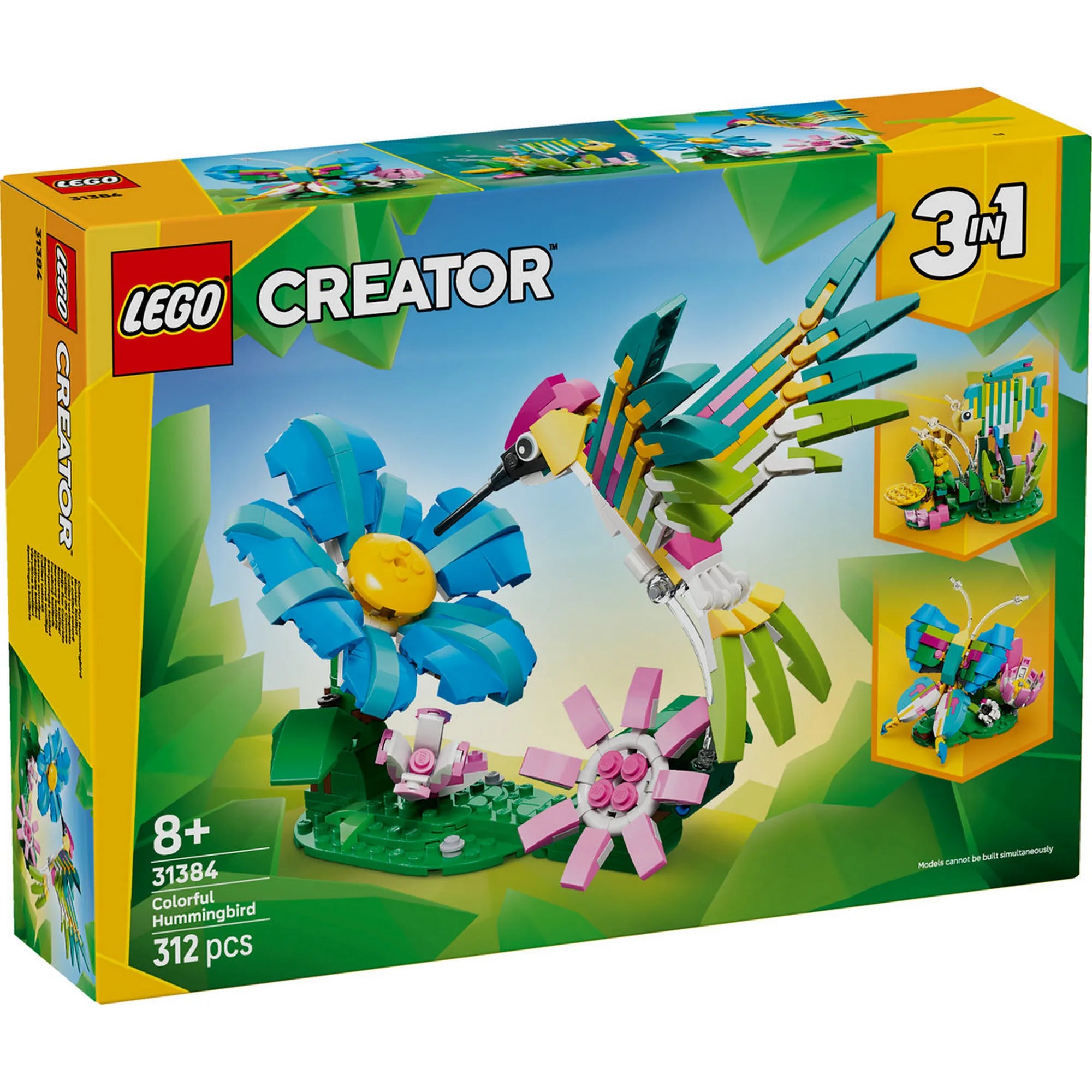 LEGO Creator 3 az 1-ben: Színes kolibri 31384 doboza, kolibrivel és virágos jelenettel.