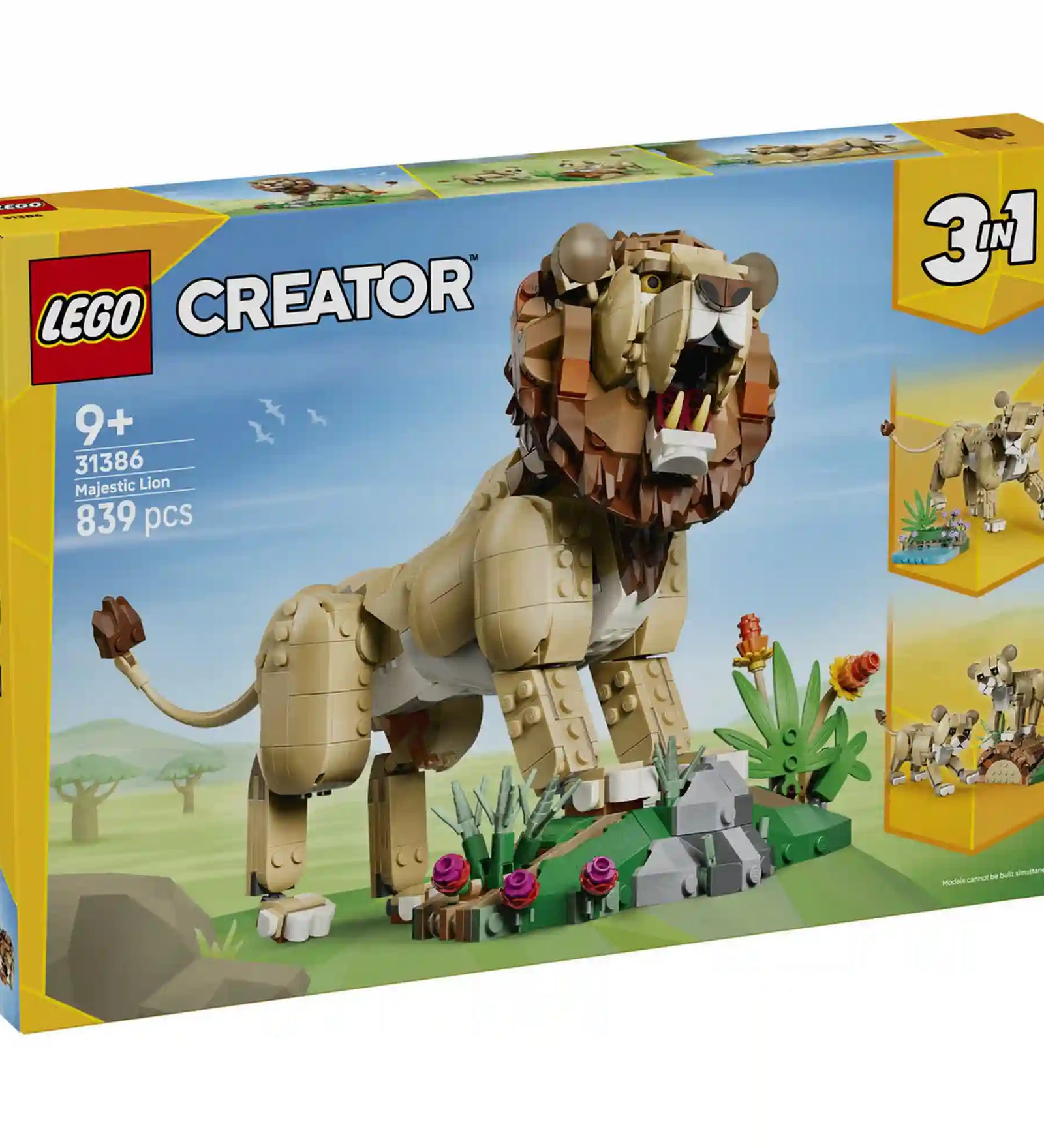 A LEGO Creator 3 az 1-ben Vadállatok: Fenséges oroszlán (31386) dobozának eleje, amely a fő hím oroszlán modellt és a két alternatív építési lehetőséget mutatja be.