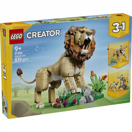 A LEGO Creator 3 az 1-ben Vadállatok: Fenséges oroszlán (31386) dobozának eleje, amely a fő hím oroszlán modellt és a két alternatív építési lehetőséget mutatja be.