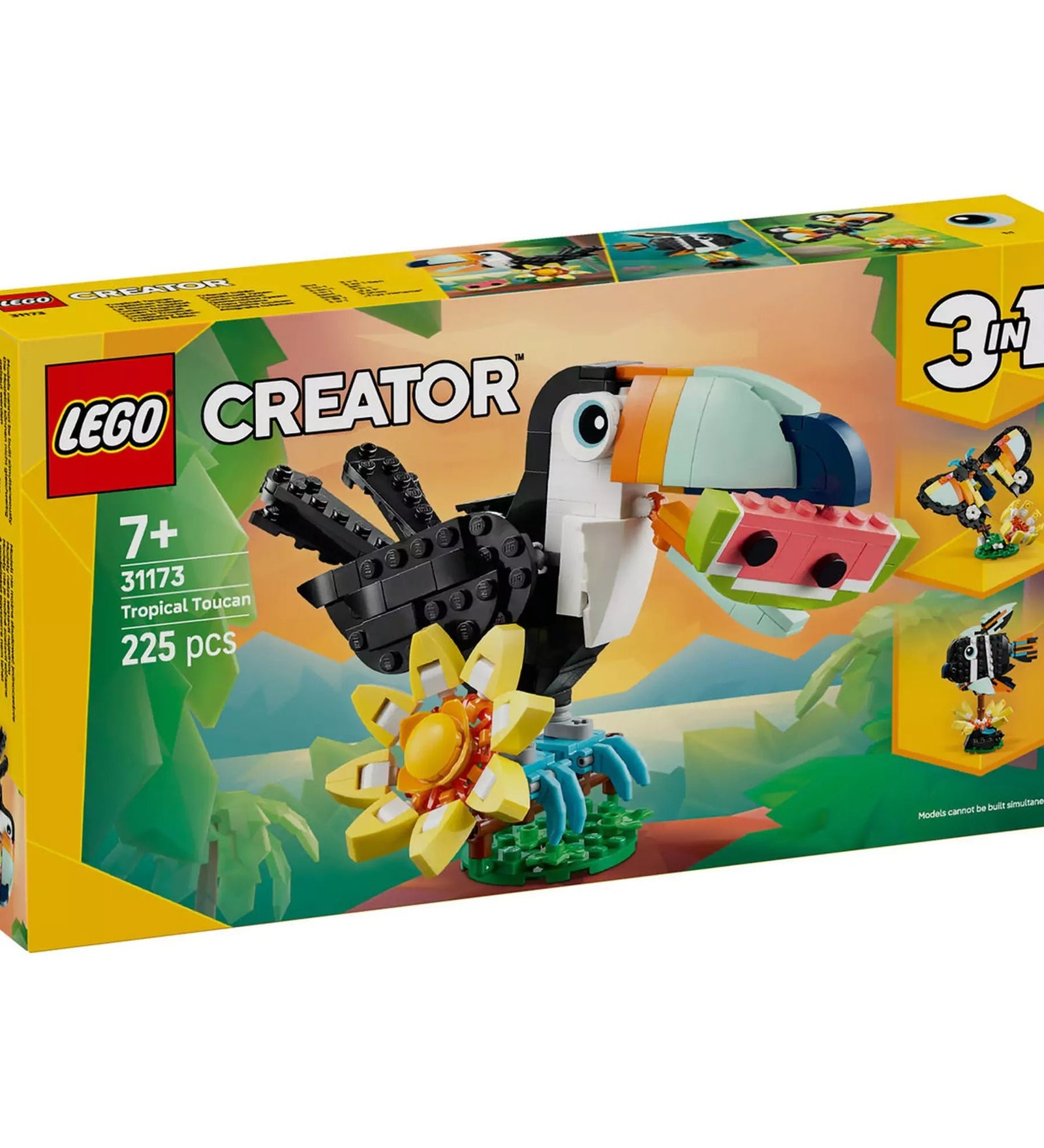 LEGO Creator: Vadállatok – Trópusi tukán (31173) dobozkép, a tukán dinnyeszelettel a csőrében és napraforgós ágon ülve látható.