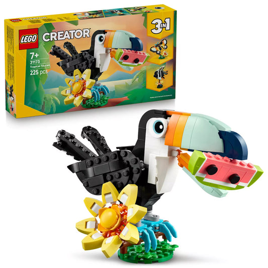 LEGO Creator: Vadállatok – Trópusi tukán (31173) készlet a tukán modellel és a dobozzal együtt, színes háttér előtt bemutatva.