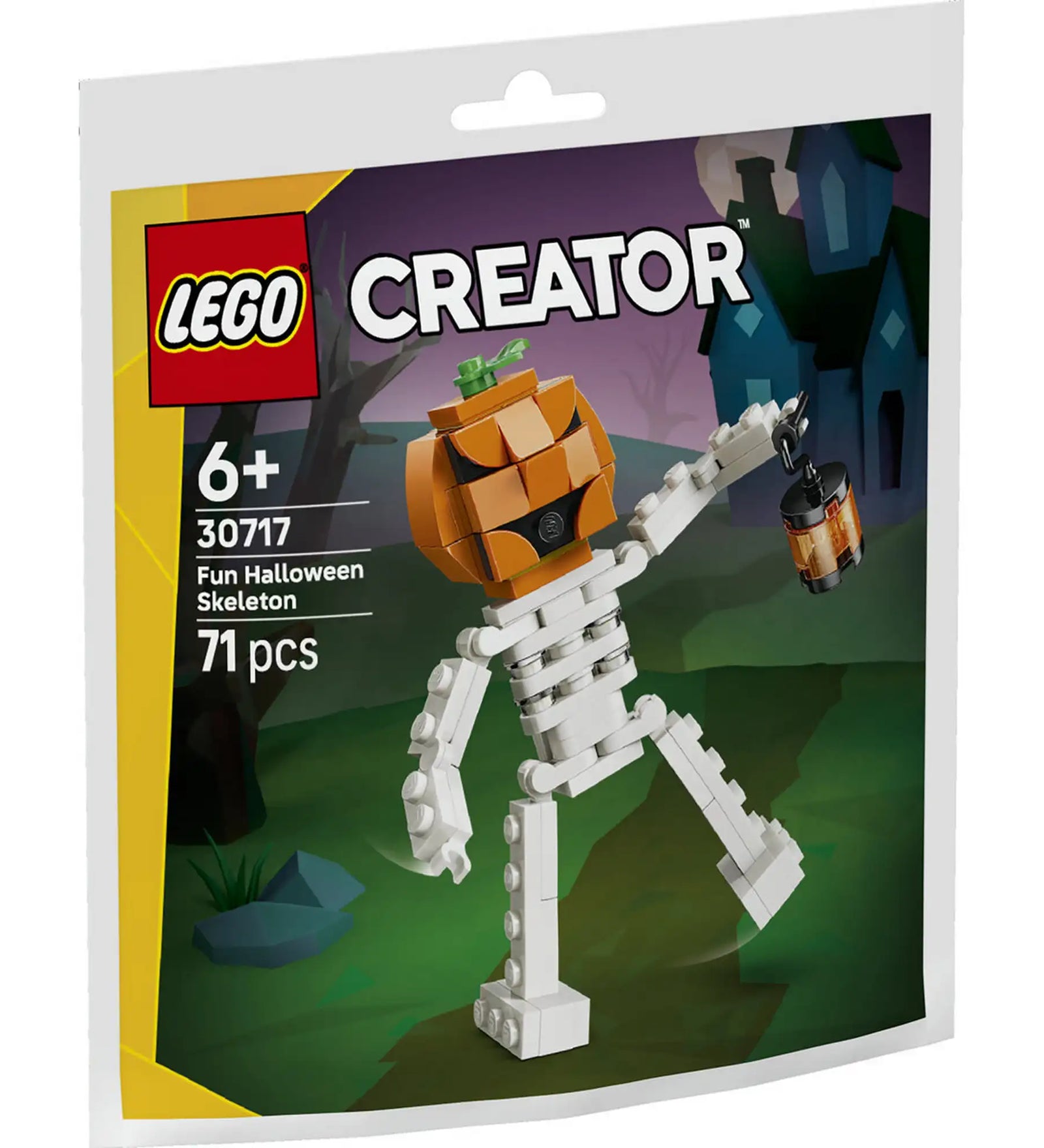 LEGO Creator Vidám Halloween csontváz (30717) polybag csomagolás, amelyen egy töklámpás fejű, lámpást tartó csontvázfigura látható Halloween hangulatú háttér előtt.