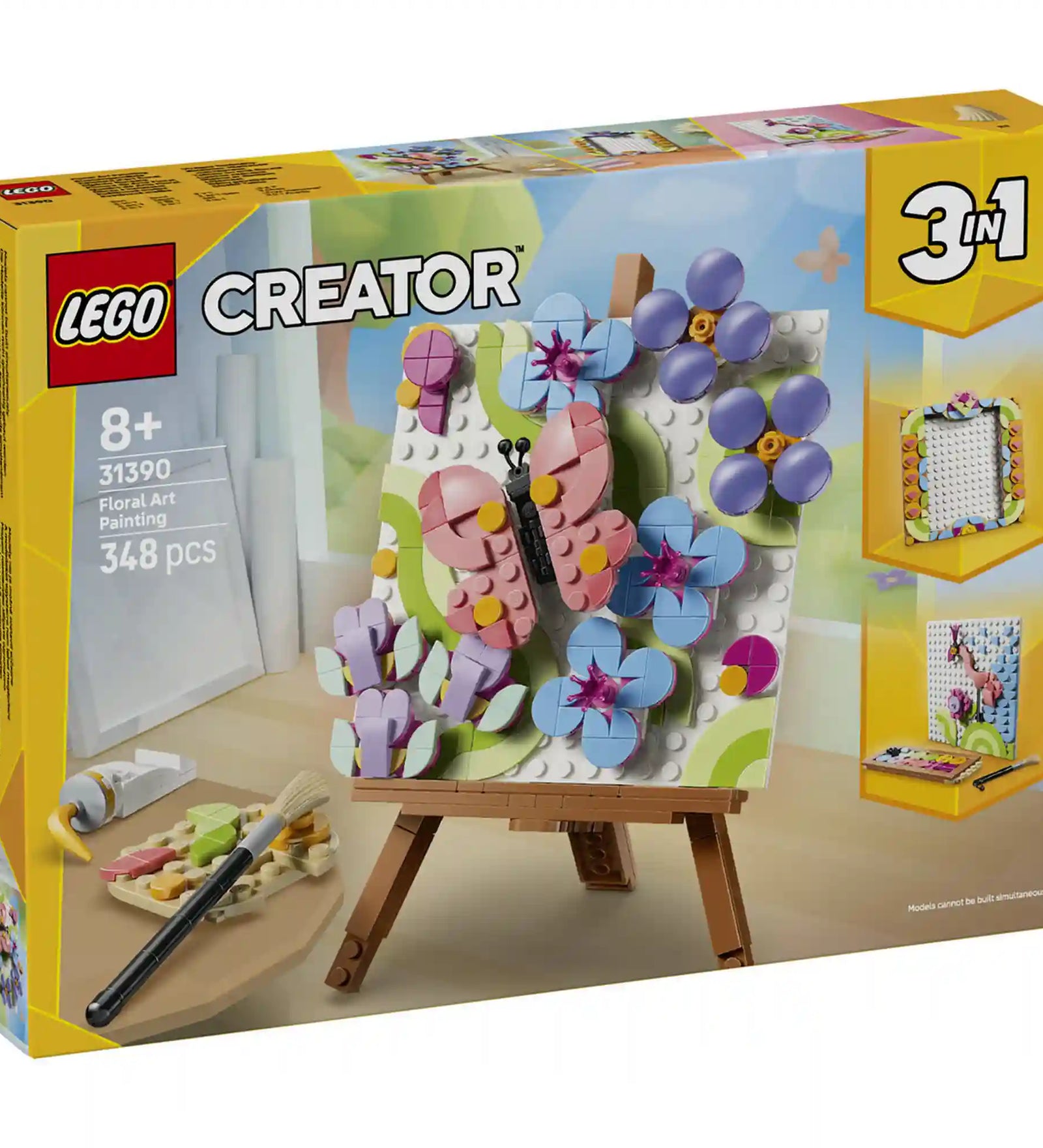 LEGO Creator 3 az 1-ben Virágos műalkotás (31390) készlet elülső dobozképe. A 348 darabos, 8 éves kortól ajánlott szett egy színes virágos alkotást ábrázol pillangóval, festőállvánnyal és művészeti kiegészítőkkel.