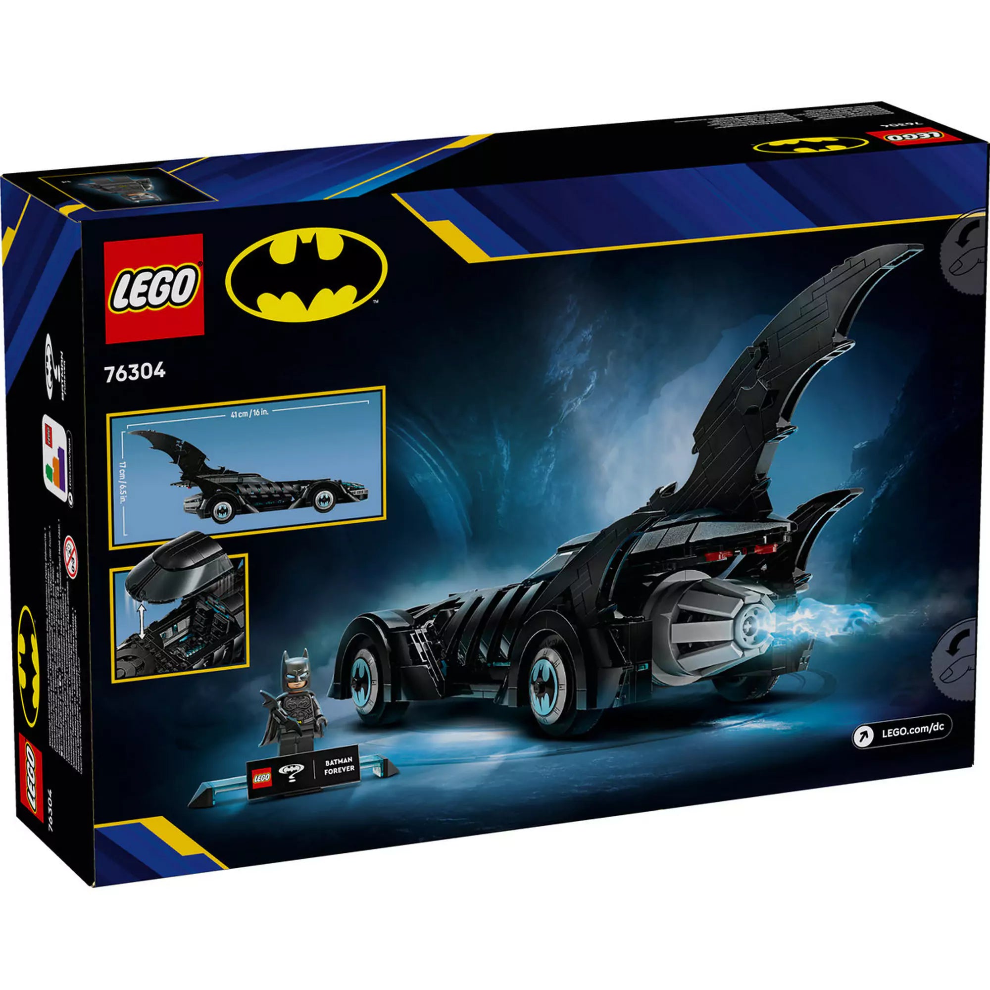 LEGO DC Super Heroes: Mindörökké Batman Batmobile (76304) doboz hátlap, a jármű részleteivel és a méreteket bemutató illusztrációkkal.