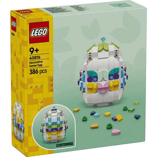 LEGO Dekoratív húsvéti tojás 40816 – A készlet dobozképe, rajta a megépített dekoratív LEGO húsvéti tojás és kiegészítők.
