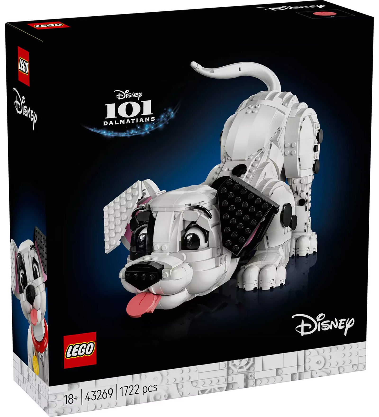 LEGO Disney 43269 Százegy kiskutya szett doboza elölnézetből, a játékos pózban lévő dalmata kiskutya látható a borítón.
