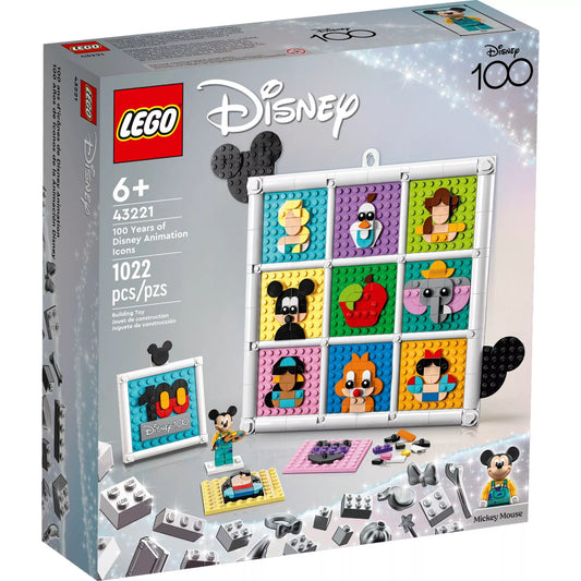 LEGO Disney 100 Years of Disney Animation Icons (43221) dobozkép, 3x3-as színes Disney karakter mozaikkal, Mickey minifigurával és 1022 darabos készlettel.