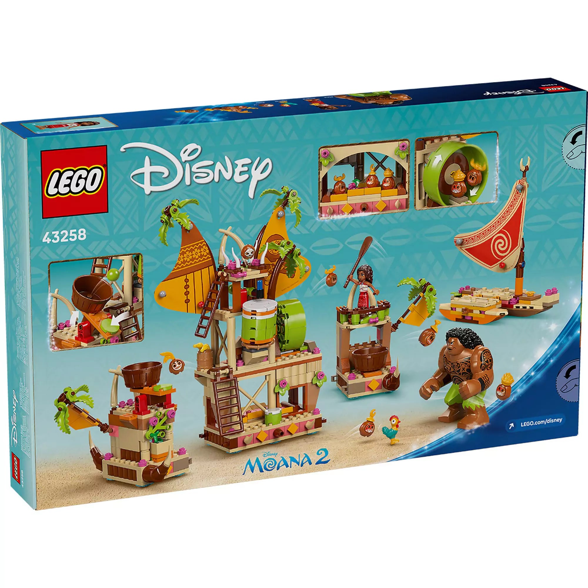 LEGO Disney: A kakamorák hajója (43258) doboz hátlapja, a szett funkcióit, mozgatható elemeit és a három részre bontható hajót mutatja be.