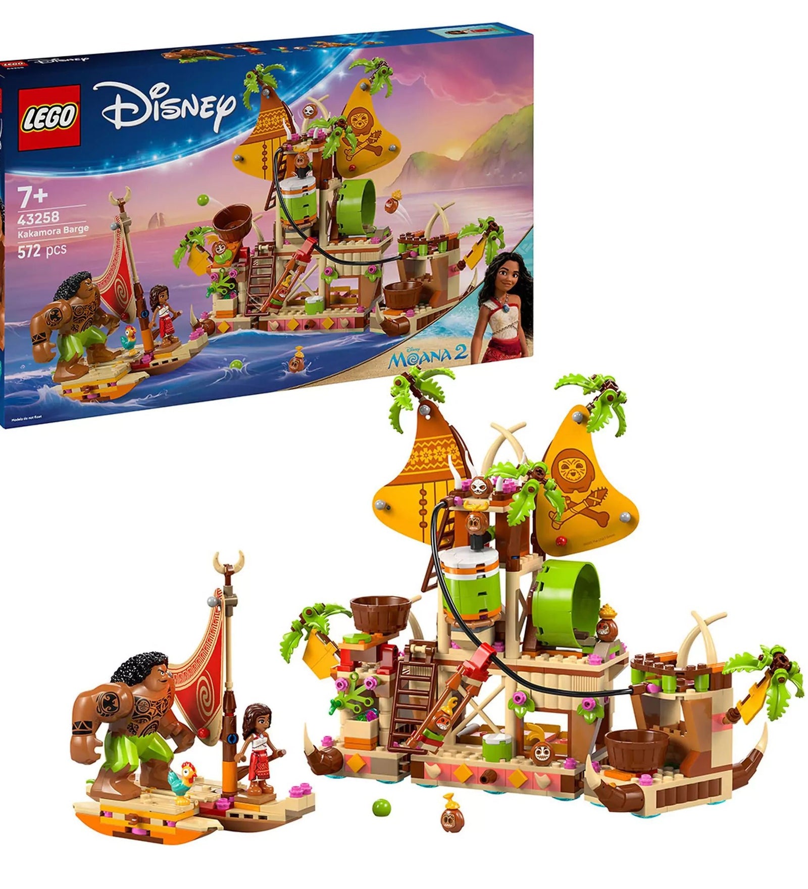 LEGO Disney: A kakamorák hajója (43258) készlet doboza és megépített modellje, Maui és Moana karakterekkel és kiegészítőkkel.