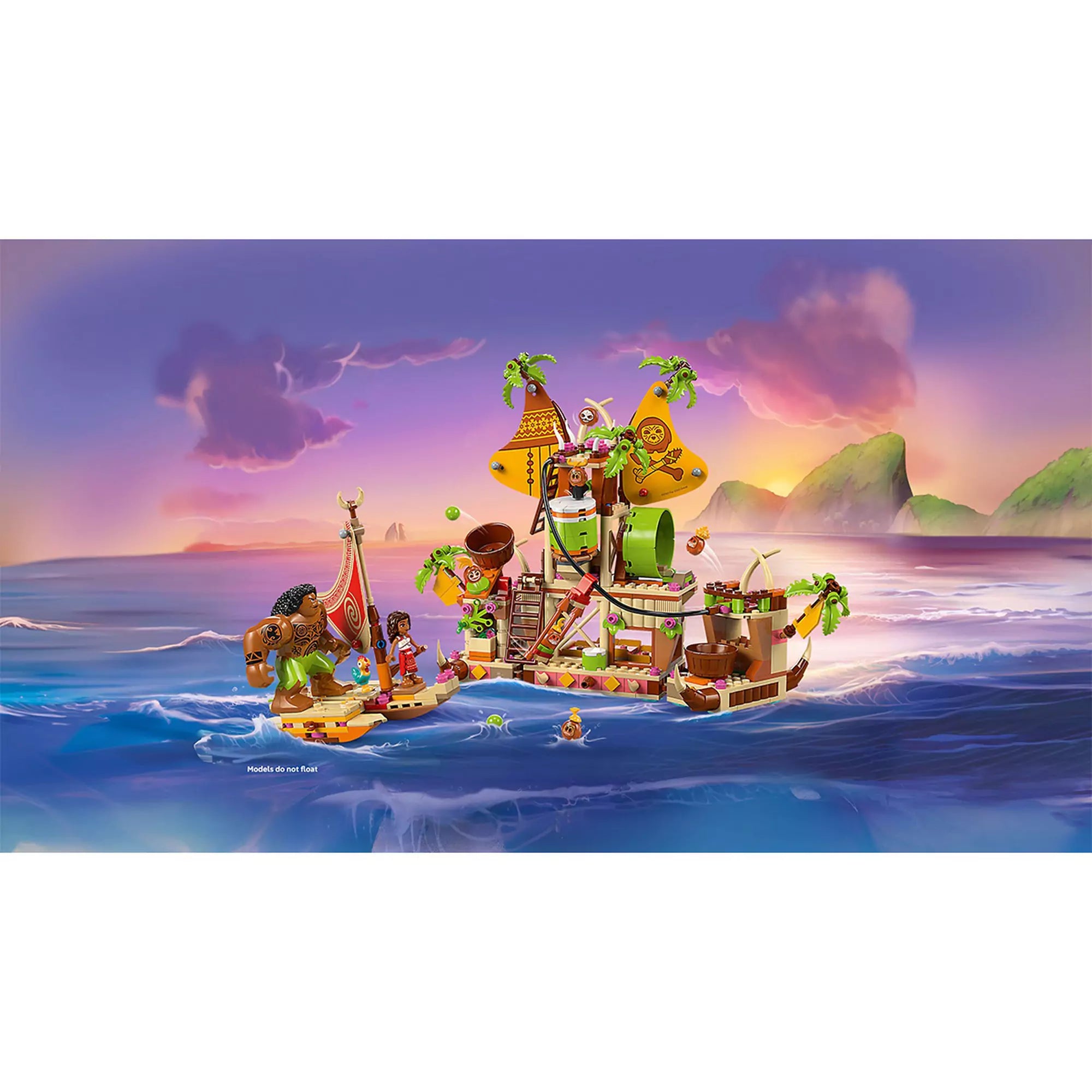 LEGO Disney: A kakamorák hajója (43258) játékkészlet tengerparti háttérrel, a film hangulatát idéző tengeri kaland Moanával és Mauival.