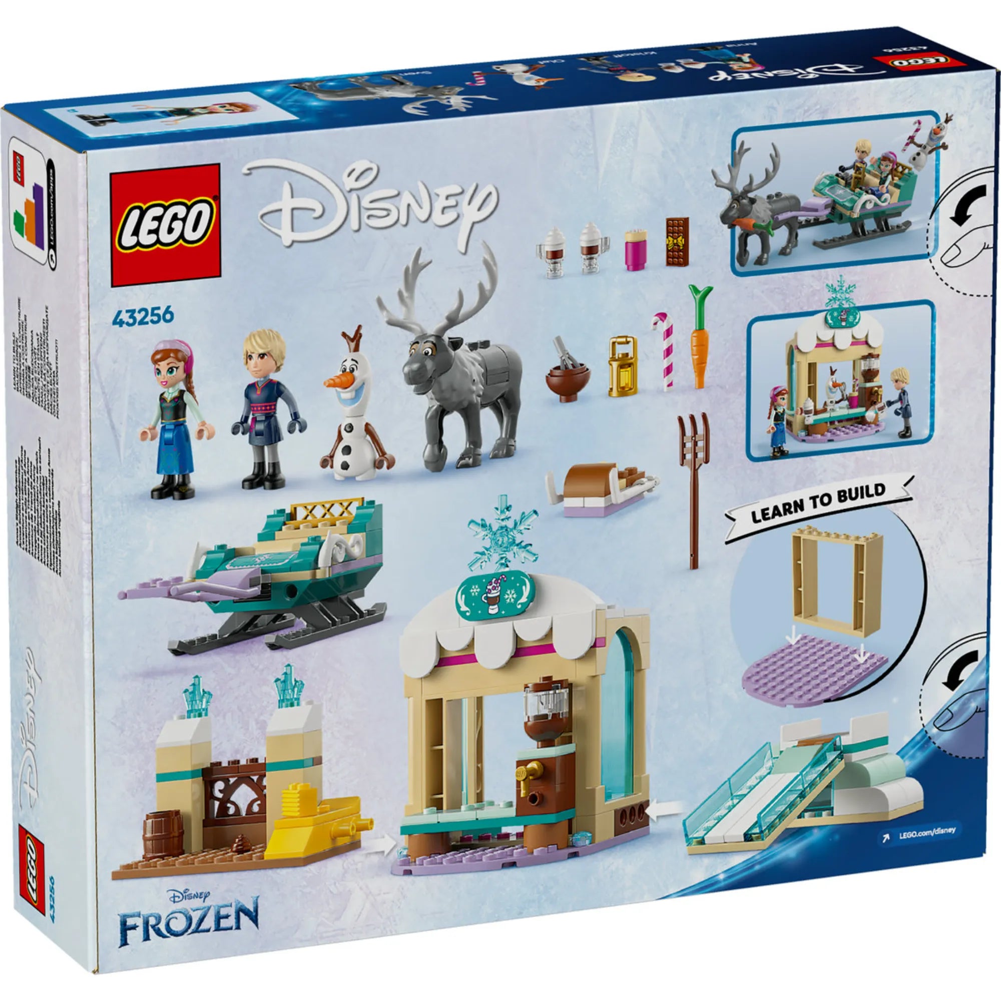 A LEGO Disney Anna szánkózós kalandjai (43256) doboz hátoldala, amely a készlet tartalmát és funkcióit mutatja be.