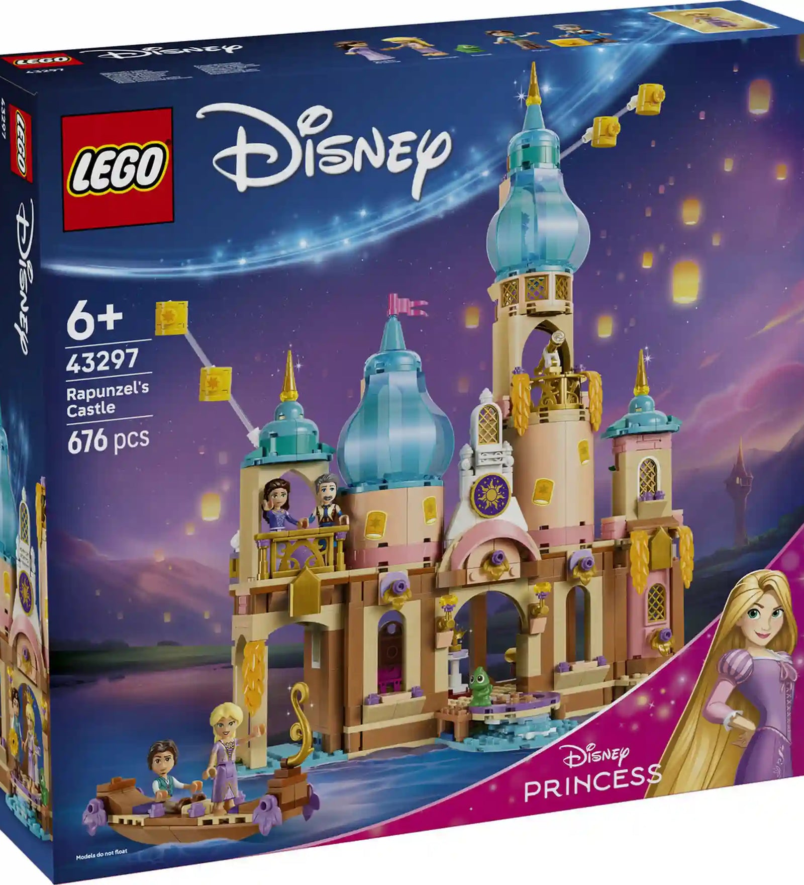 LEGO Disney: Aranyhaj kastélya 43297, 676 darabos készlet elülső dobozképe, amely a Disney Princess kastélyt, Aranyhajat, Flynn Ridert és Pascalt ábrázolja.
