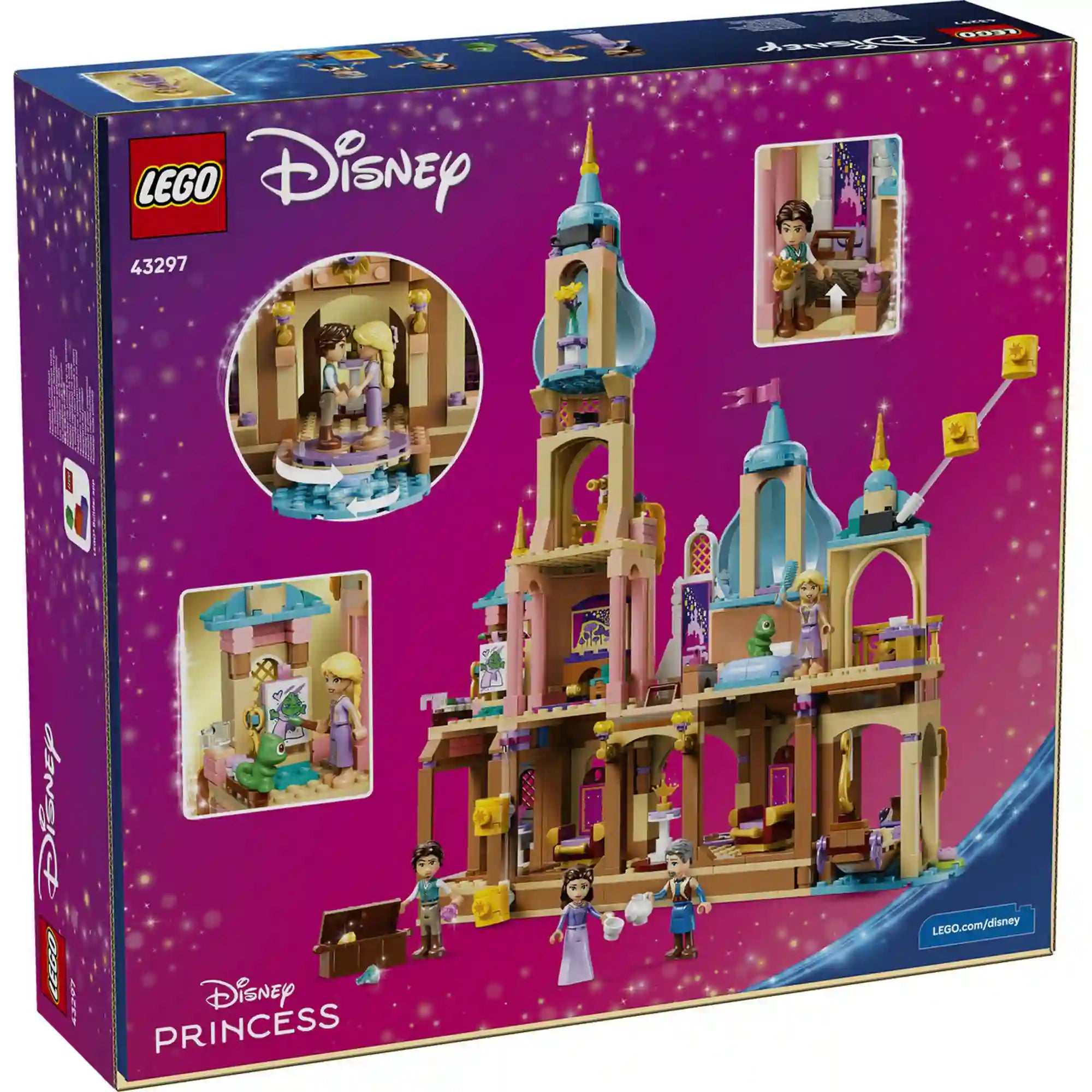 LEGO Disney: Aranyhaj kastélya 43297, 676 darabos készlet hátoldali dobozképe, amely bemutatja a kastély belső helyiségeit, a forgatható funkciókat és a szereplőket.