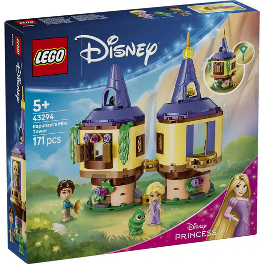 LEGO Disney: Aranyhaj minitornya 43294, 171 darabos készlet elülső dobozképe Aranyhaj tornyával, Pascal figurával és Disney Princess karakterekkel.