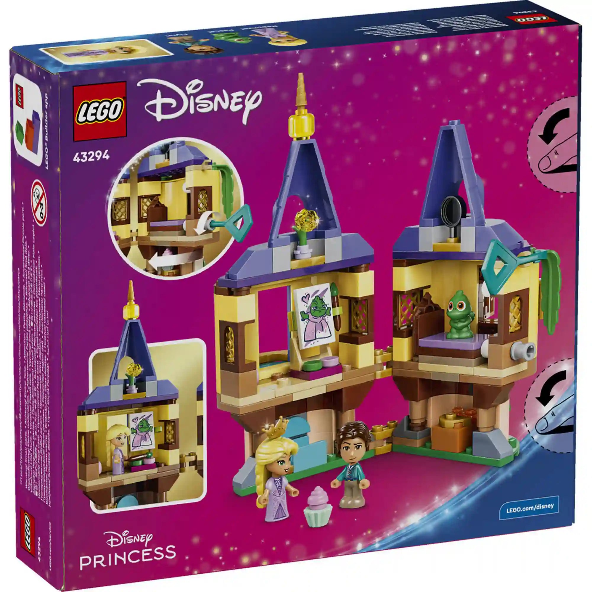 LEGO Disney: Aranyhaj minitornya 43294, 171 darabos készlet hátoldali dobozképe, amely bemutatja a torony belső tereit és az interaktív forgatható funkciókat.
