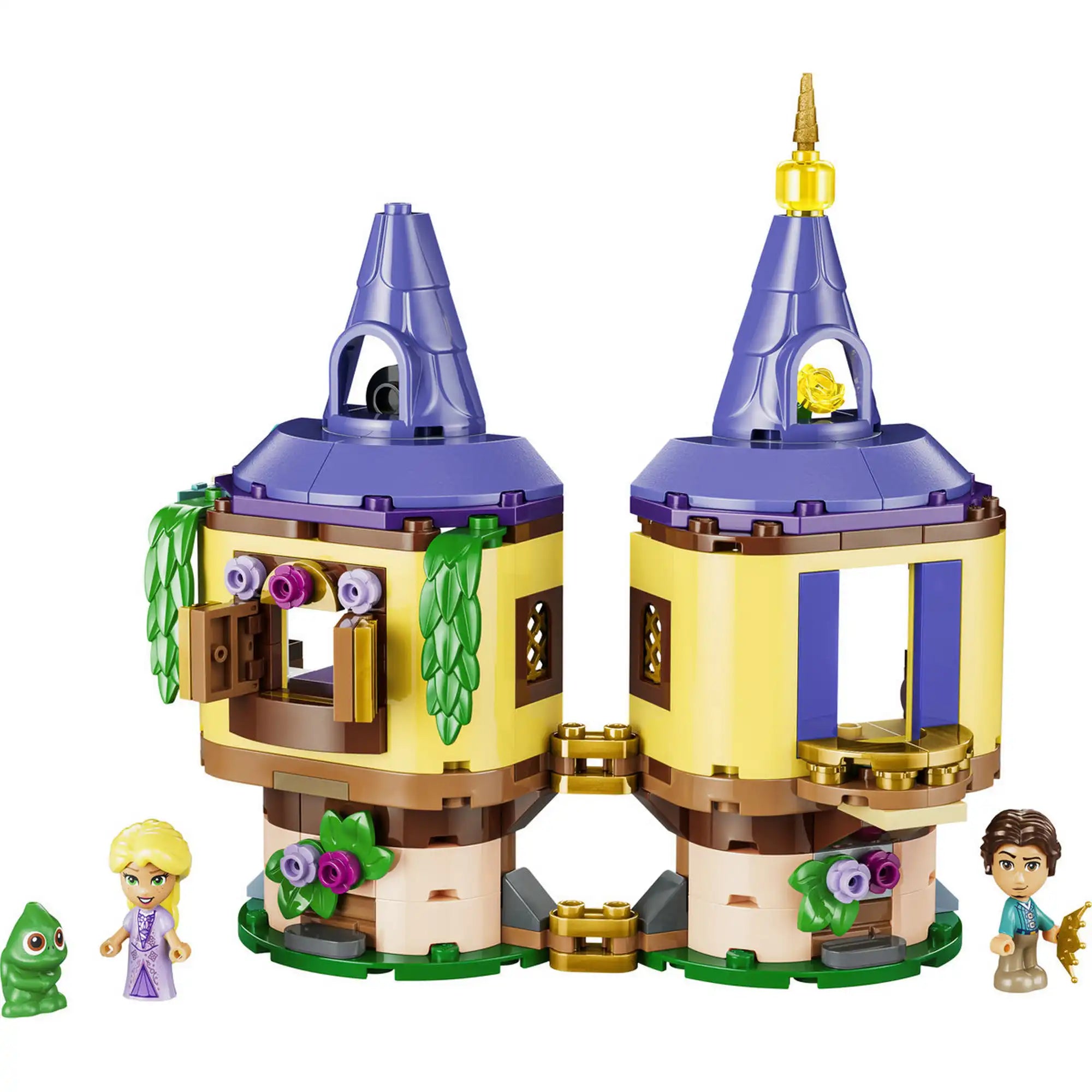 LEGO Disney: Aranyhaj minitornya 43294, 171 darabos készlet teljes tartalma, a kétszintes toronnyal, Aranyhaj, Flynn Rider és Pascal figuráival.