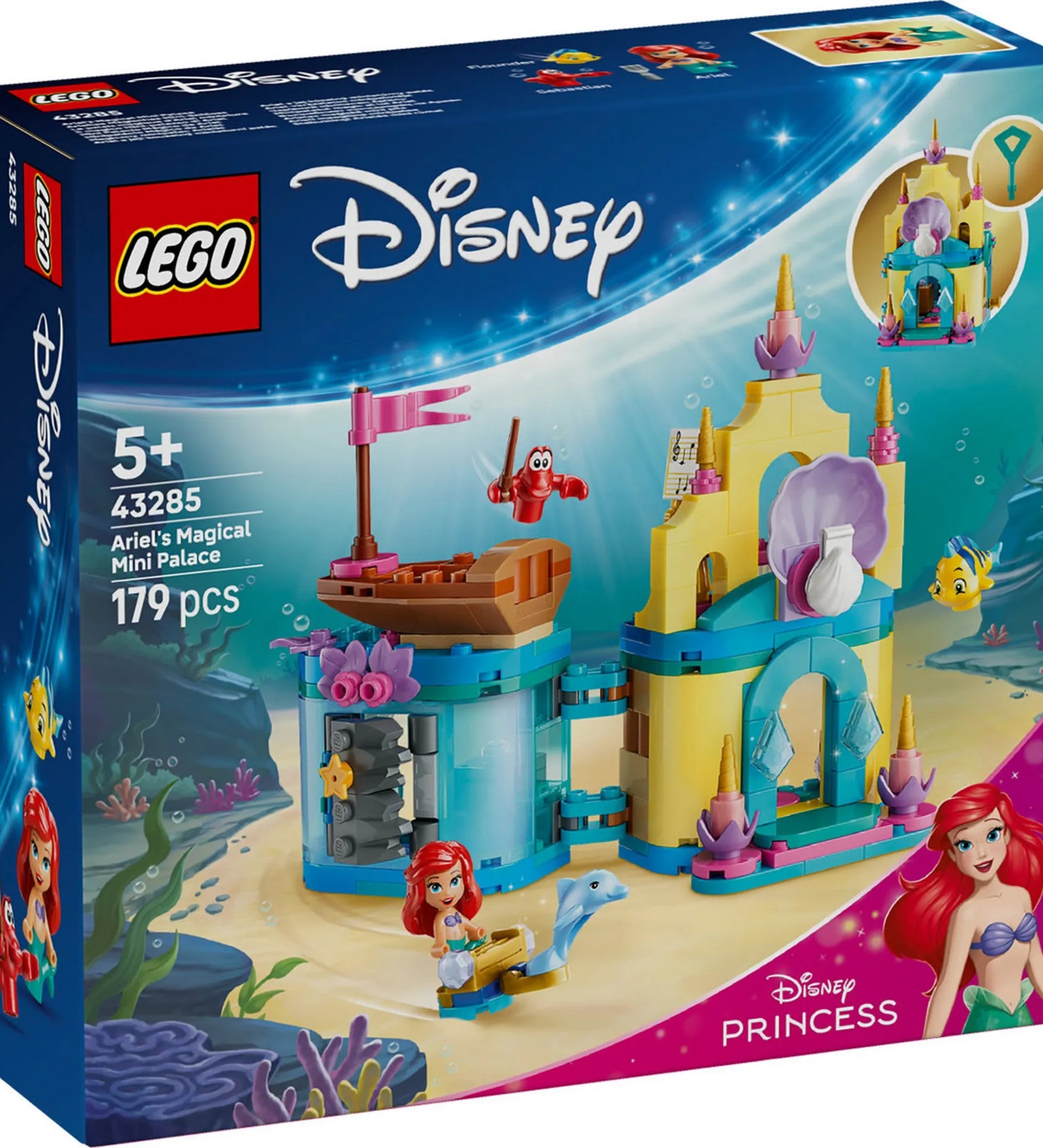 LEGO Disney Princess Ariel varázslatos minipalotája (43285) építőkészlet doboza, Ariel, Ficánka és Sebastian minifiguráival