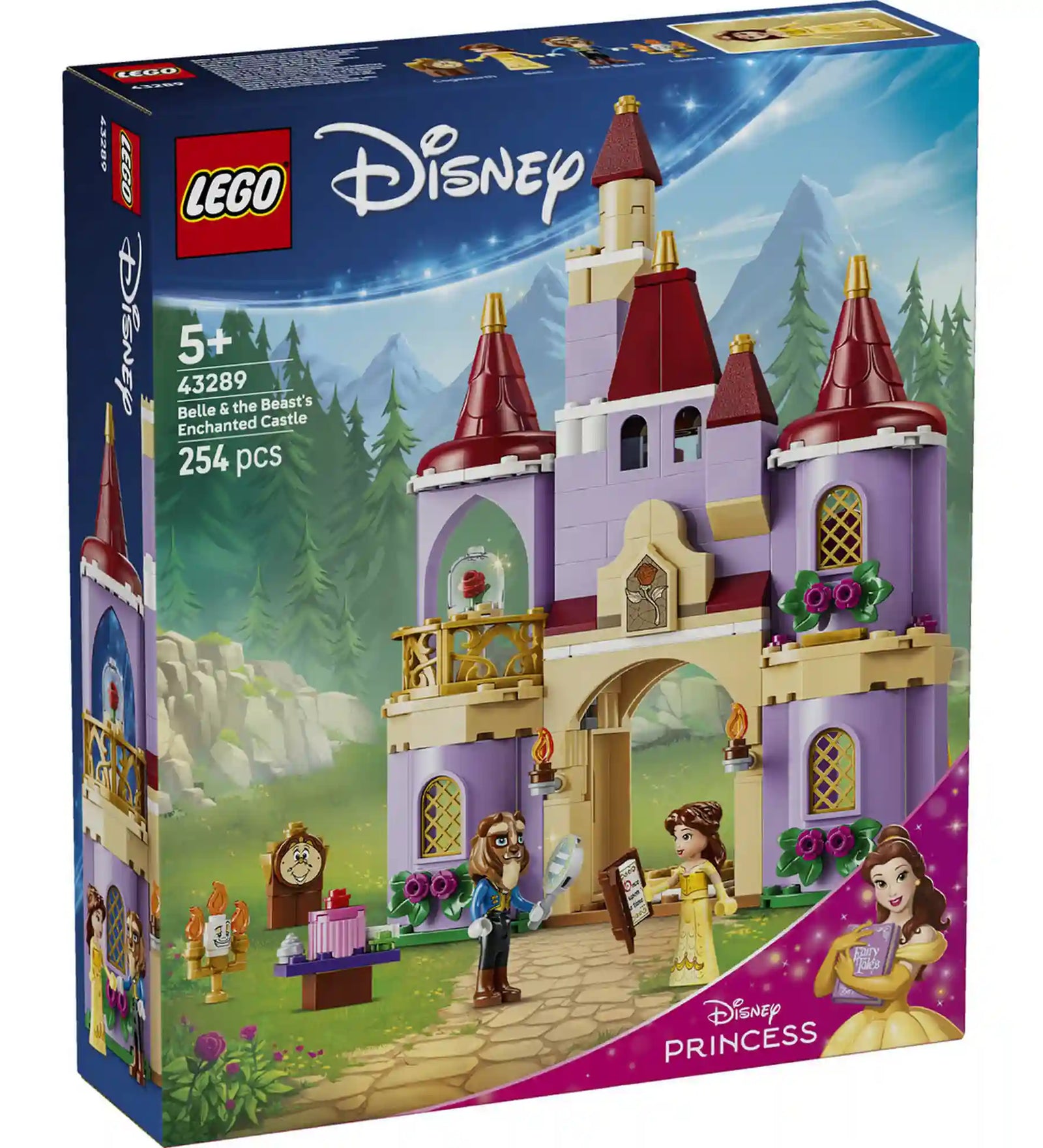 LEGO Disney: Belle és a Szörnyeteg varázslatos kastélya 43289, 254 darabos készlet elülső dobozképe a lila tornyos kastéllyal, Disney Hercegnők dizájnnal és a főszereplő figurákkal.
