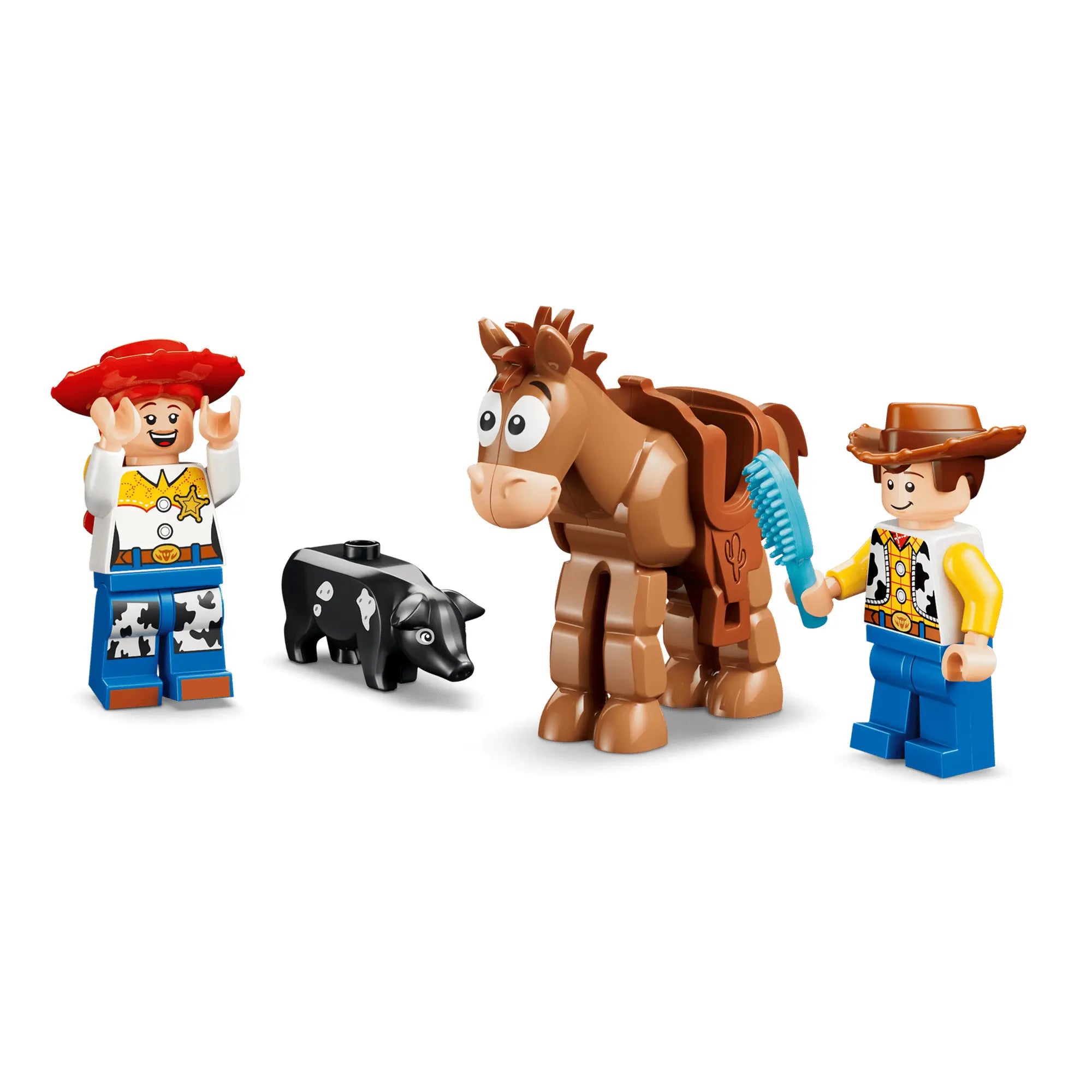 Toy Story szereplők és állatok: Woody, Jessie, ló, malac és kiegészítők, LEGO figurák fehér háttéren