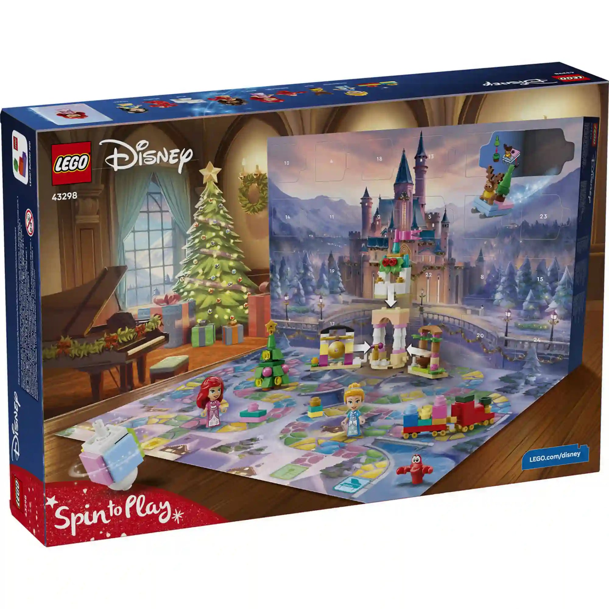 A LEGO Disney adventi naptár dobozának hátoldala, a kihajtható játéktáblával, kastéllyal, figurákkal és ünnepi építményekkel.