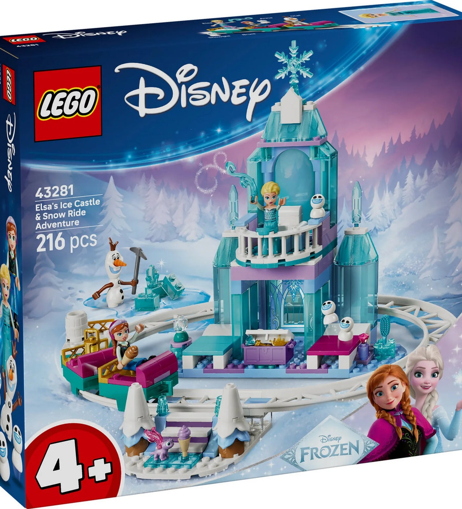 LEGO Disney Jégvarázs Elsa jégkastélya és szánkós kalandjai (43281) építőkészlet doboza, jégkastéllyal, szánpályával és Frozen szereplőkkel