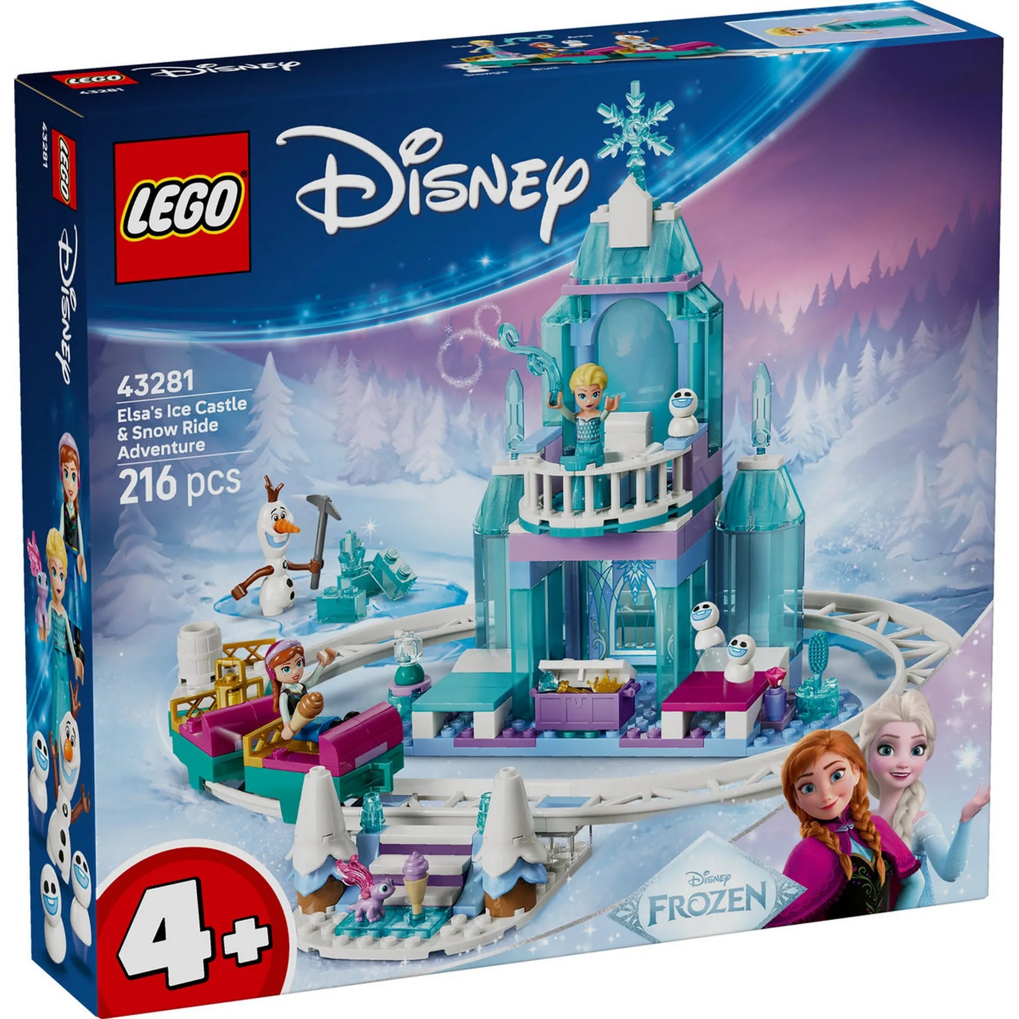 LEGO Disney Jégvarázs Elsa jégkastélya és szánkós kalandjai (43281) építőkészlet doboza, jégkastéllyal, szánpályával és Frozen szereplőkkel