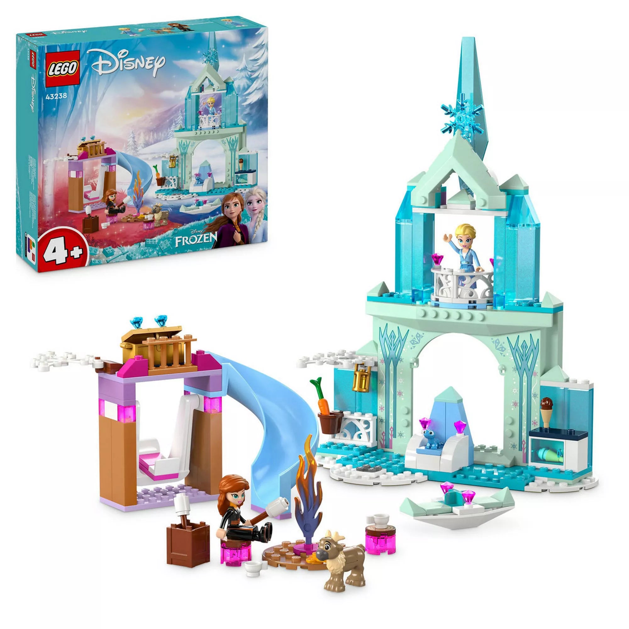 A LEGO Disney 43238 készlet és doboza együtt, Elza jégkastélyával, Annával és a Jégvarázs szereplőivel.