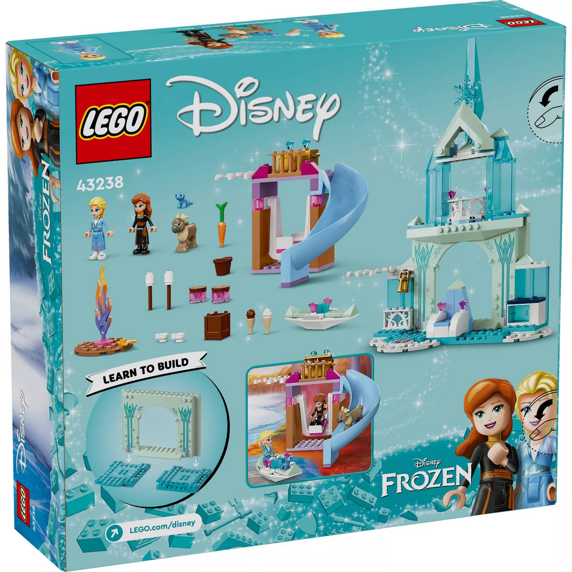 A LEGO Disney: Elza jégkastélya (43238) doboz hátoldala, bemutatva a kastély részleteit és a játéklehetőségeket.