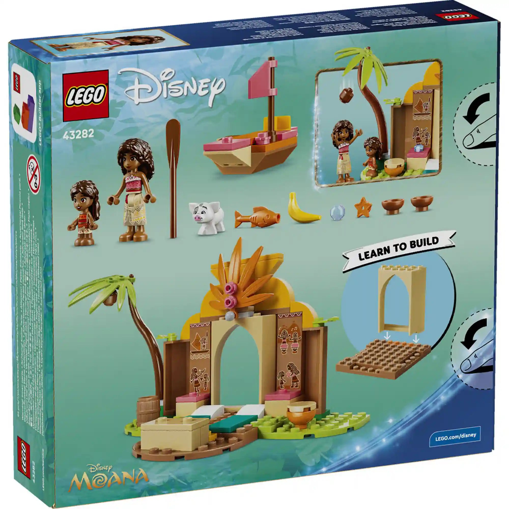 LEGO Disney: Falusi ház és tutaj 43282, 85 darabos készlet hátoldali dobozképe, amely bemutatja a figurákat, kiegészítőket és az építési lépéseket.