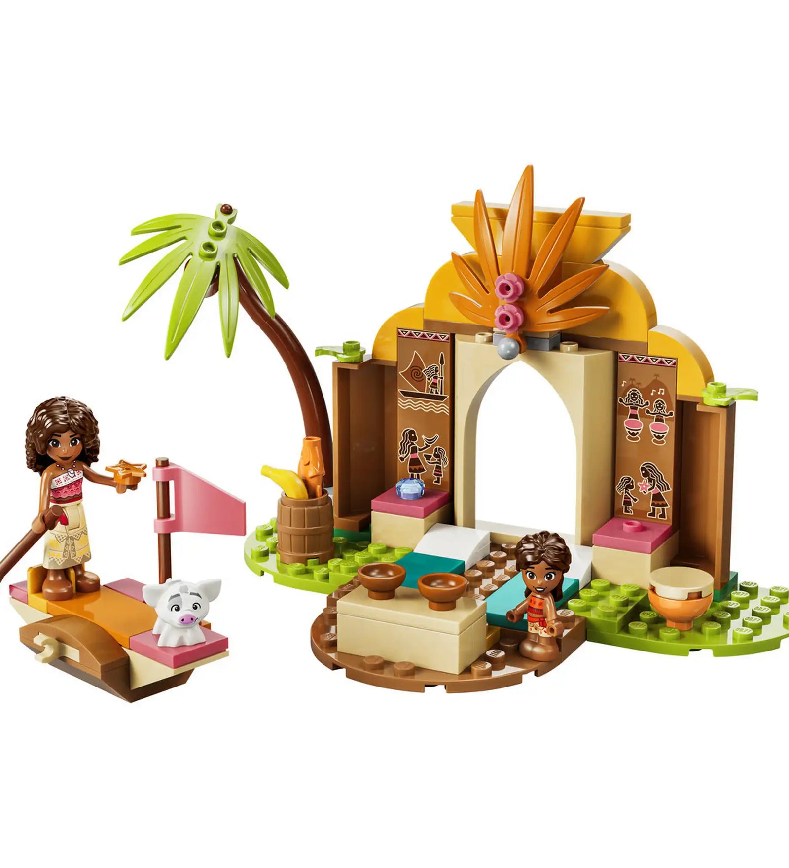 LEGO Disney: Falusi ház és tutaj 43282, 85 darabos készlet teljes tartalma Moana és Simea figurákkal, tutajjal, falusi kapuval és kiegészítőkkel.