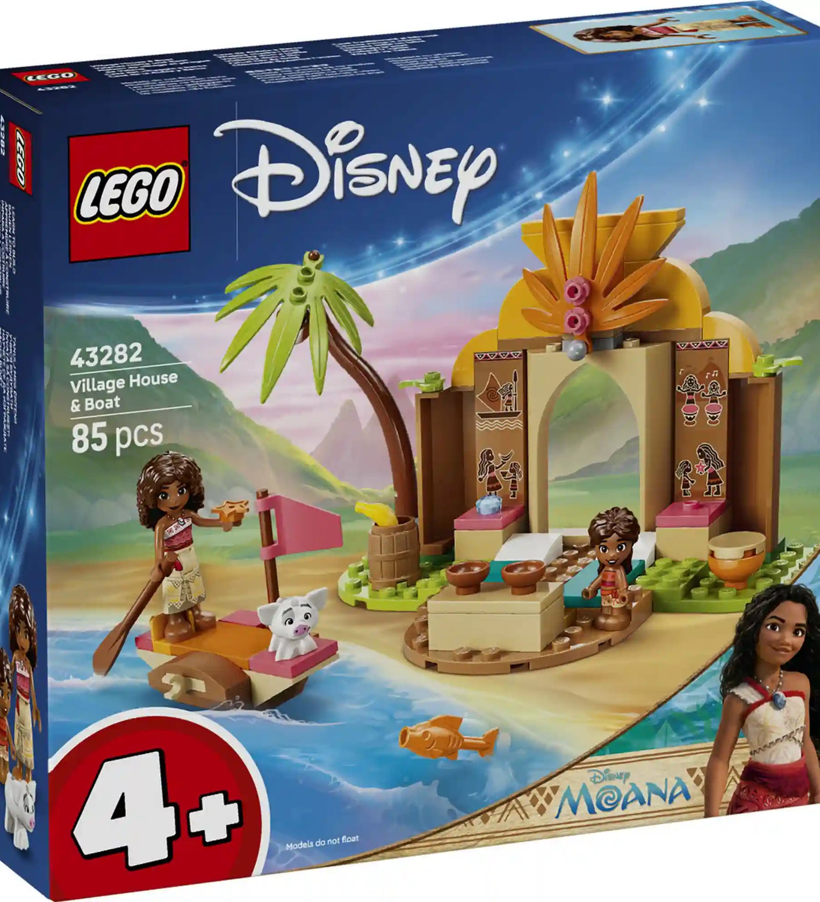 LEGO Disney: Falusi ház és tutaj 43282, 85 darabos készlet dobozképe a Disney Vaiana világából, falusi házzal, tutajjal és két minibaba figurával.