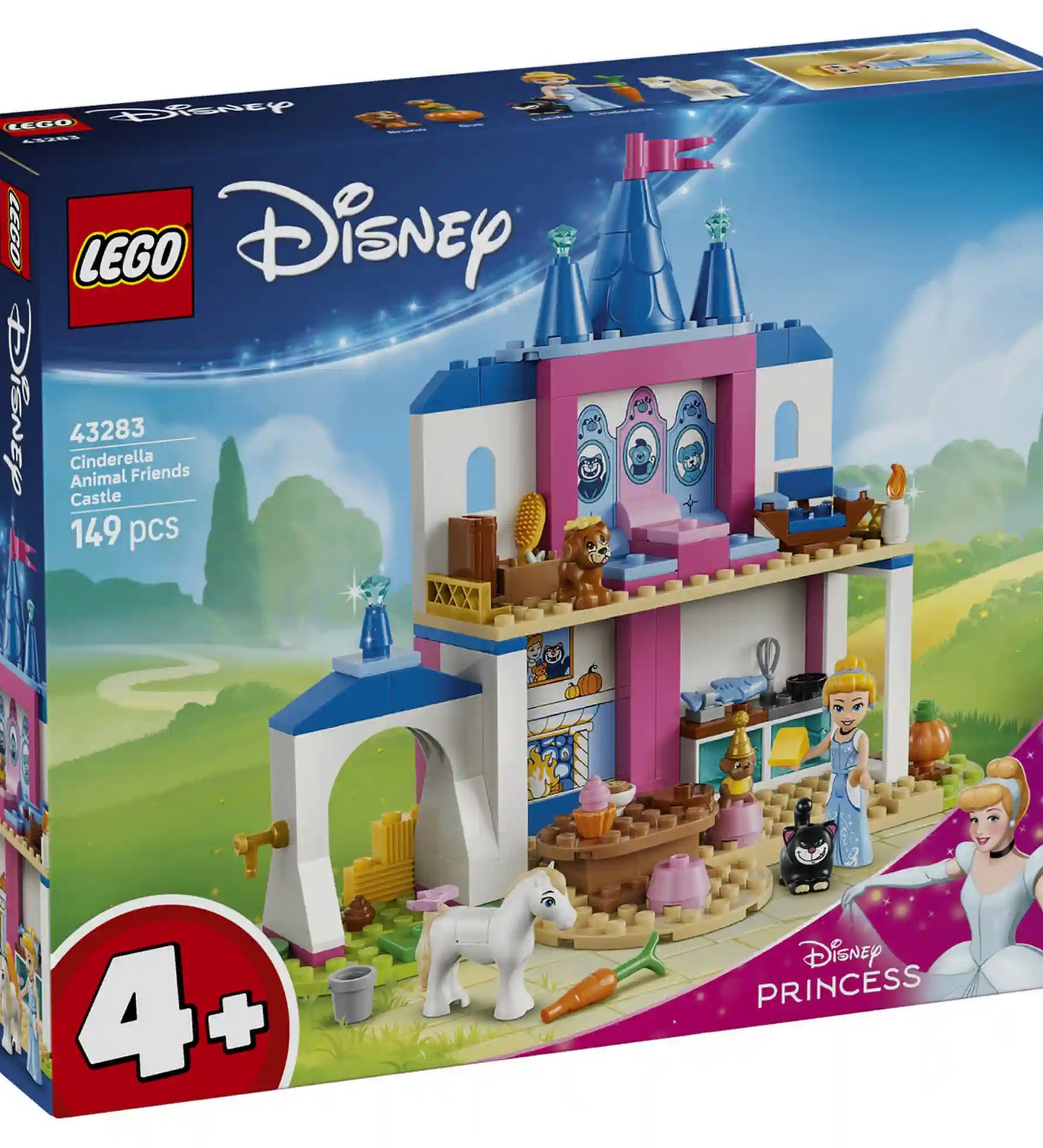 LEGO Disney: Hamupipőke kastélya és állatbarátai 43283, 149 darabos készlet elülső dobozképe Hamupipőkével, a kastéllyal, pónival és Disney állatbarát figurákkal.