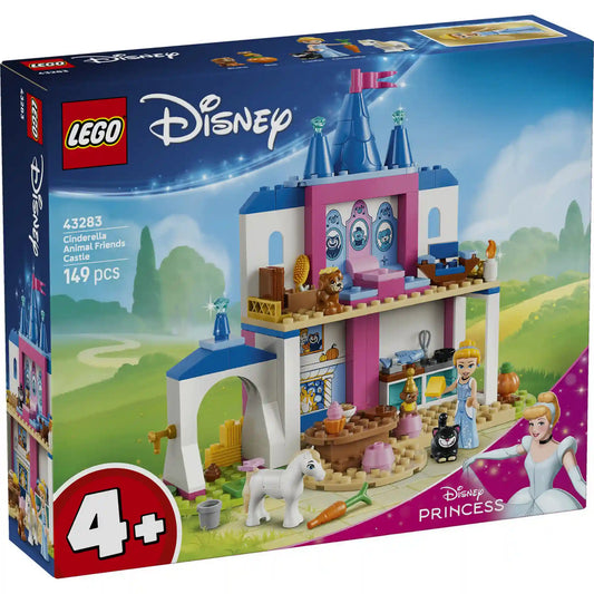 LEGO Disney: Hamupipőke kastélya és állatbarátai 43283, 149 darabos készlet elülső dobozképe Hamupipőkével, a kastéllyal, pónival és Disney állatbarát figurákkal.