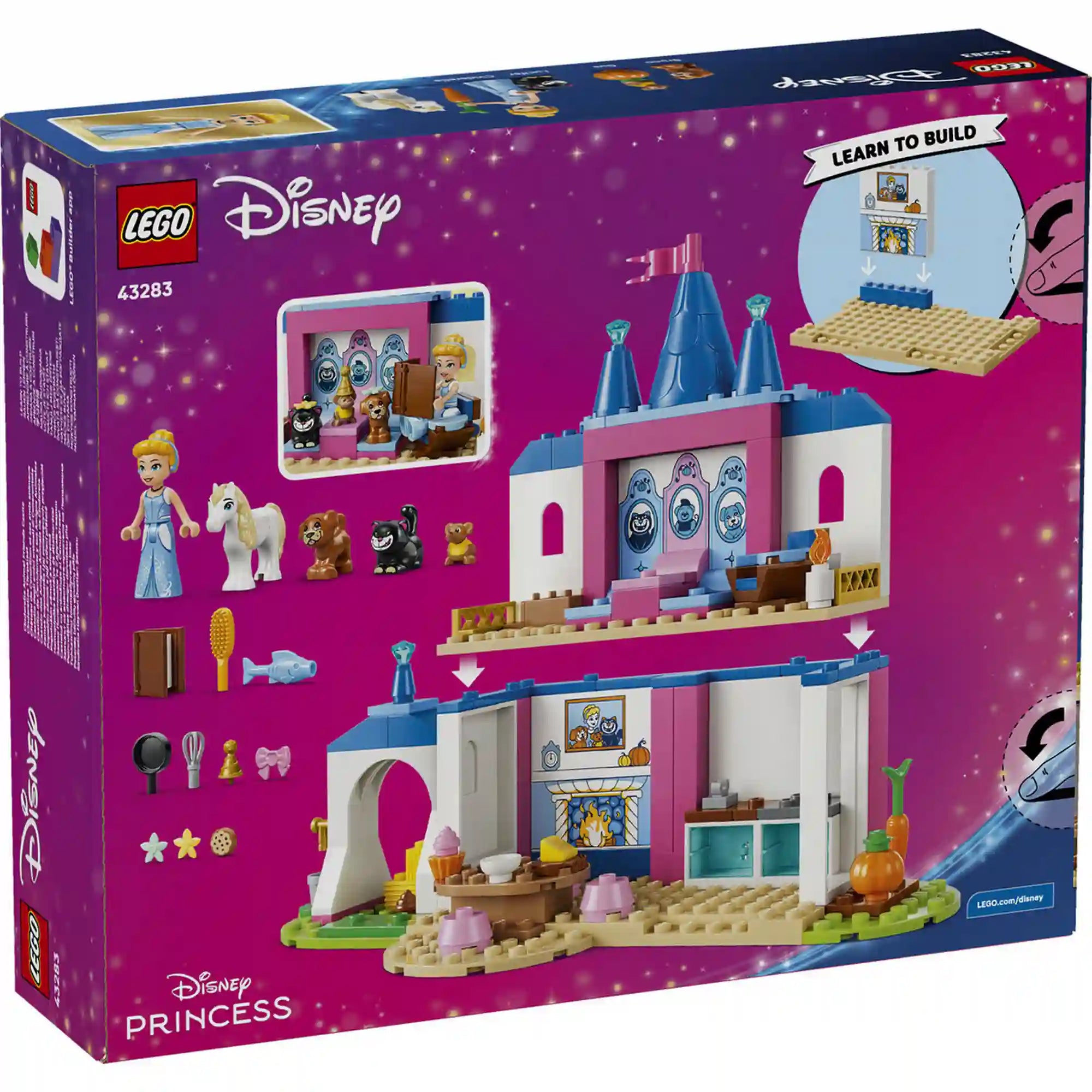 LEGO Disney: Hamupipőke kastélya és állatbarátai 43283, 149 darabos készlet hátoldali dobozképe, amely bemutatja a kastély funkcióit, a szereplőket és a kiegészítő elemeket.