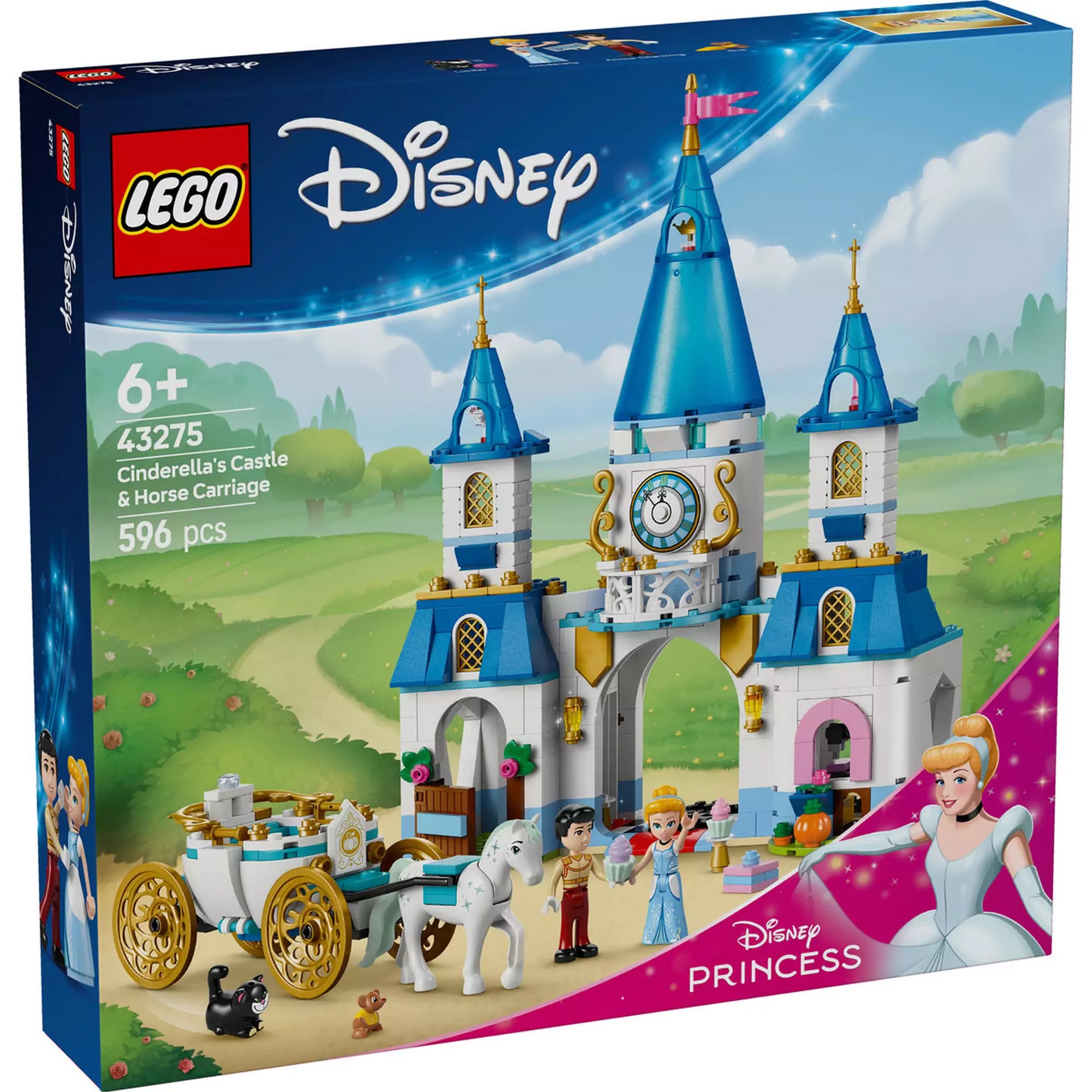  LEGO Disney Hamupipőke kastélya és hintója 43275 készlet doboza, amely bemutatja a lenyűgöző kétemeletes kastélyt és hintót.