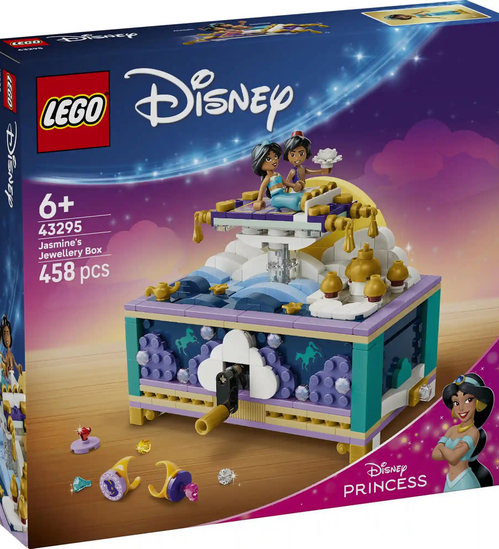 LEGO Disney: Jázmin ékszerdoboza 43295, 458 darabos készlet elülső dobozképe, amely az Aladdin meséje ihlette ékszerdobozt és a Disney Princess karaktereket ábrázolja.