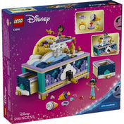 LEGO Disney: Jázmin ékszerdoboza 43295, 458 darabos készlet hátoldali dobozképe, amely bemutatja az ékszerdoboz tárolórekeszeit, forgatható funkcióját és az ékszerkiegészítőket.