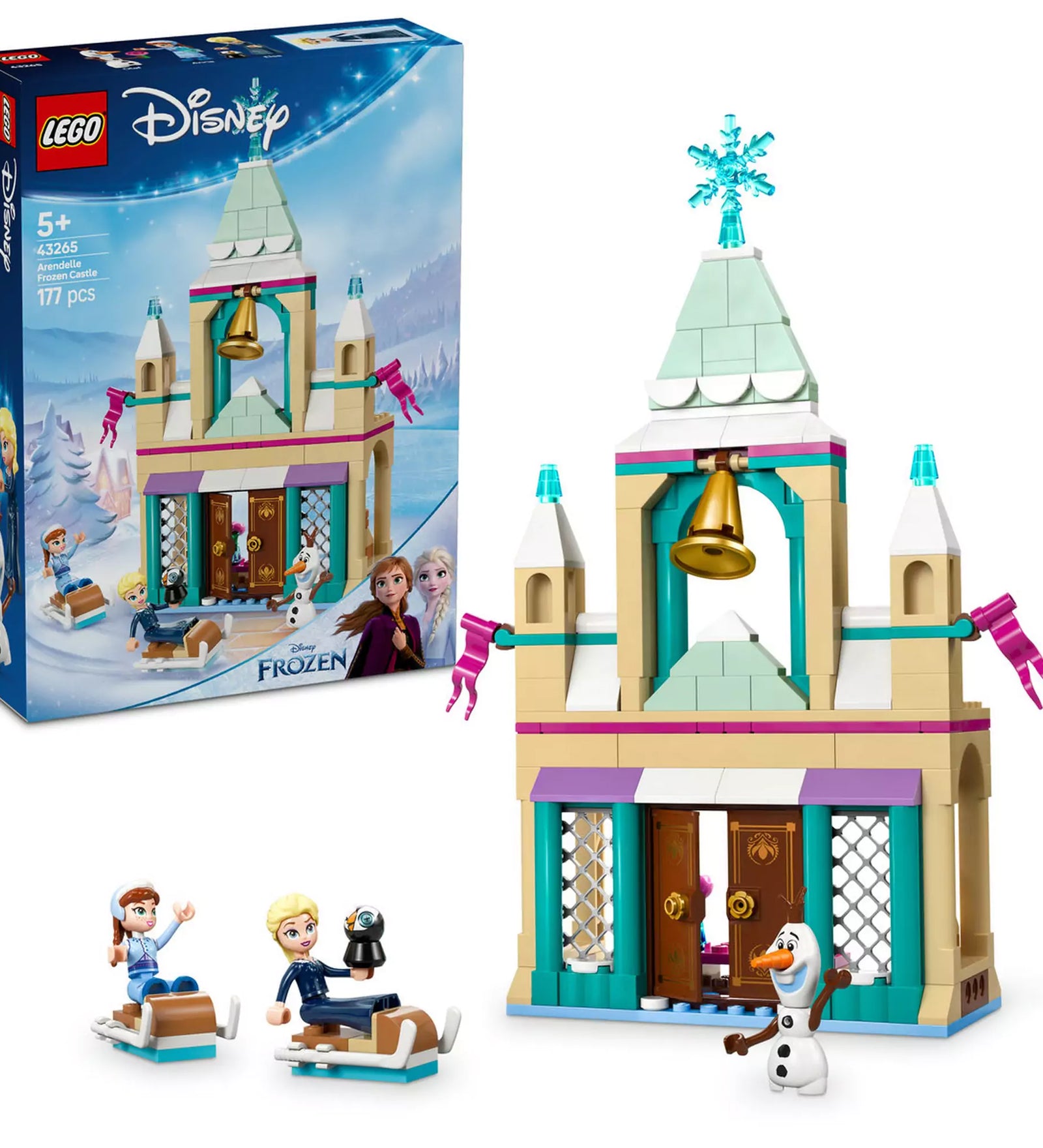 LEGO Disney Jégvarázs - Arendelle kastély (43265) doboz és a megépített kastély, Anna, Elsa és Olaf LEGO minifigurákkal.