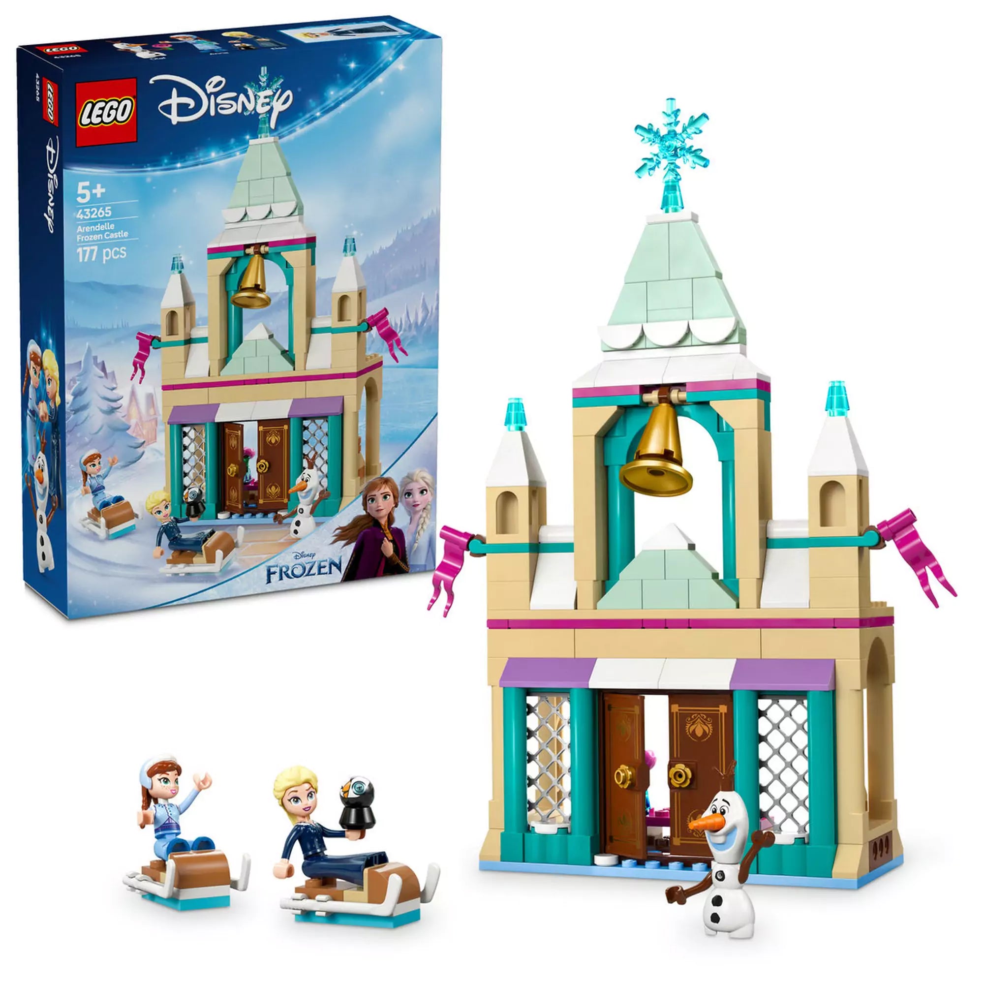 LEGO Disney Jégvarázs - Arendelle kastély (43265) doboz és a megépített kastély, Anna, Elsa és Olaf LEGO minifigurákkal.
