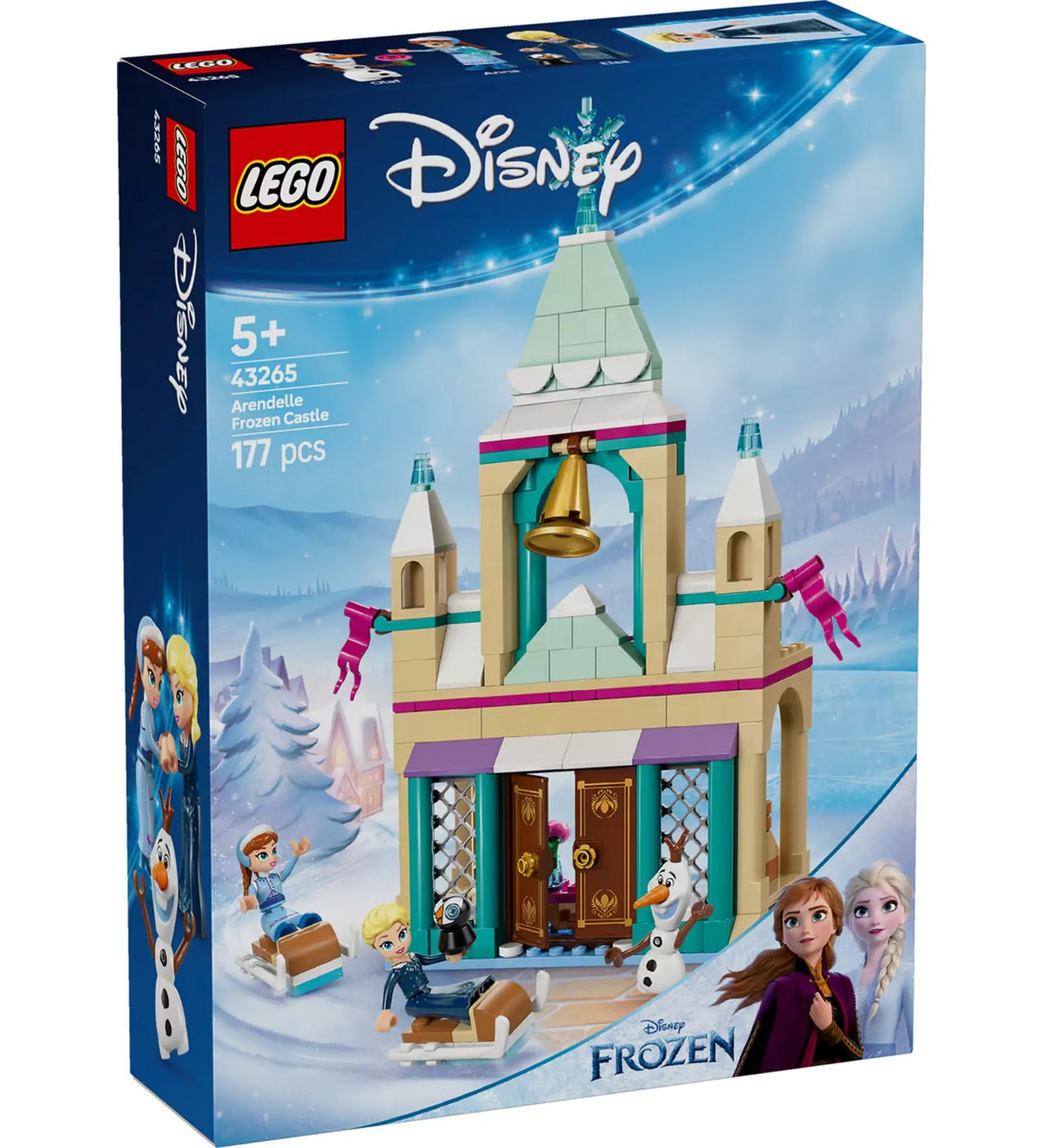LEGO Disney Jégvarázs - Arendelle kastély (43265) dobozának előnézete, amely bemutatja a játék tartalmát és téli hangulatát.