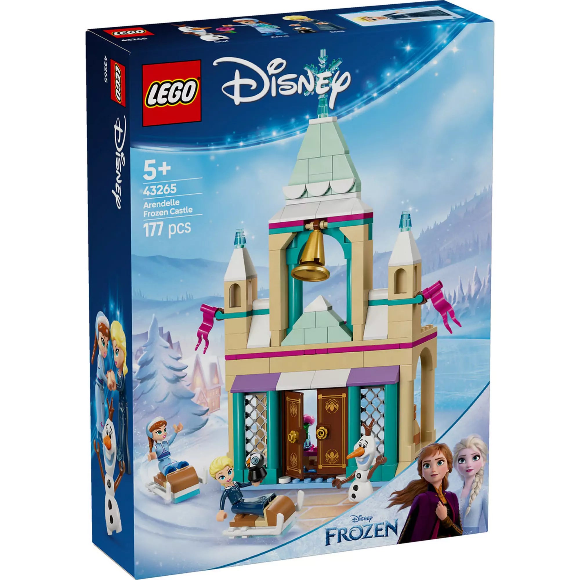 LEGO Disney Jégvarázs - Arendelle kastély (43265) dobozának előnézete, amely bemutatja a játék tartalmát és téli hangulatát.