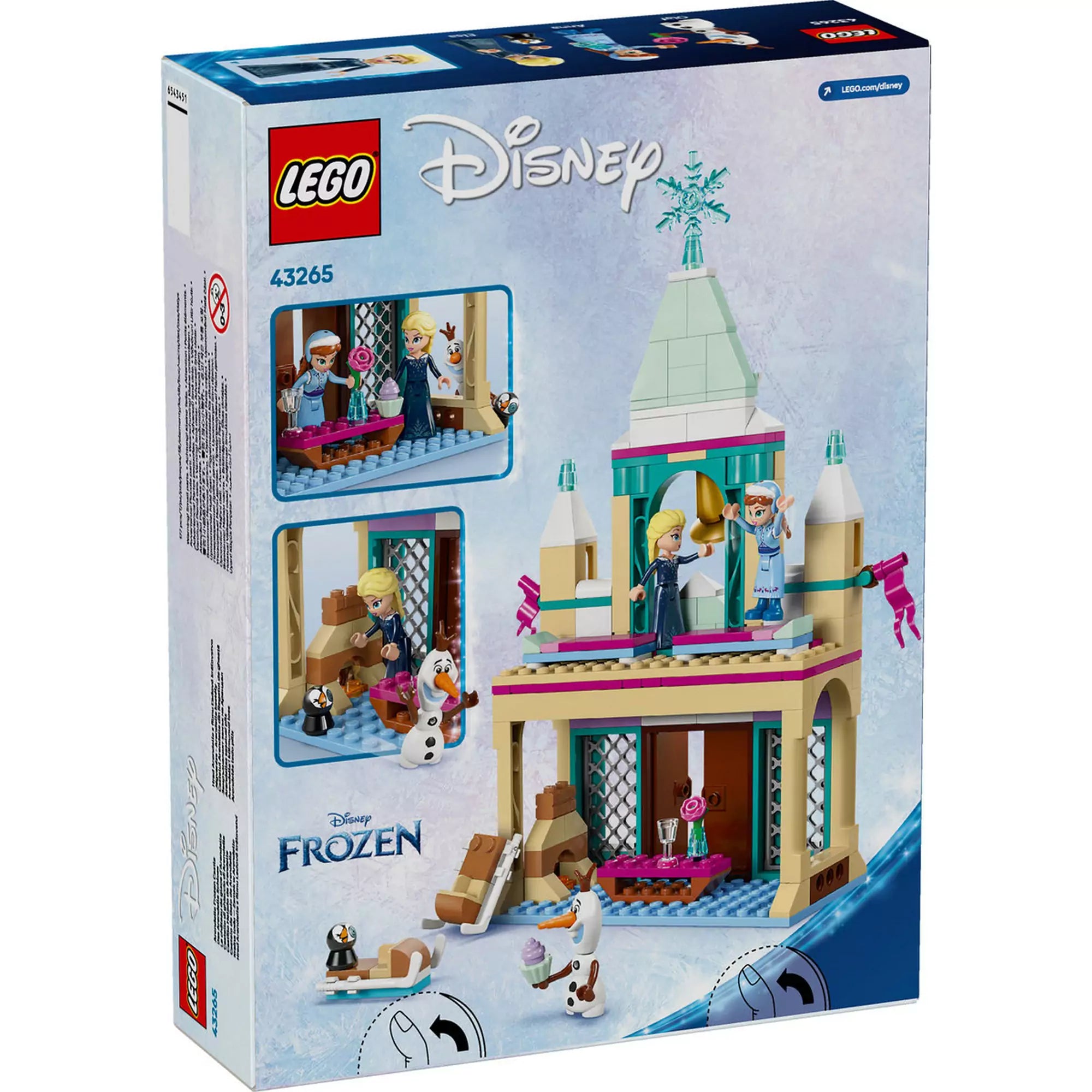 LEGO Disney Jégvarázs - Arendelle kastély (43265) hátoldala, amely részletesen bemutatja a kastély belsejét és a játékkiegészítőket.