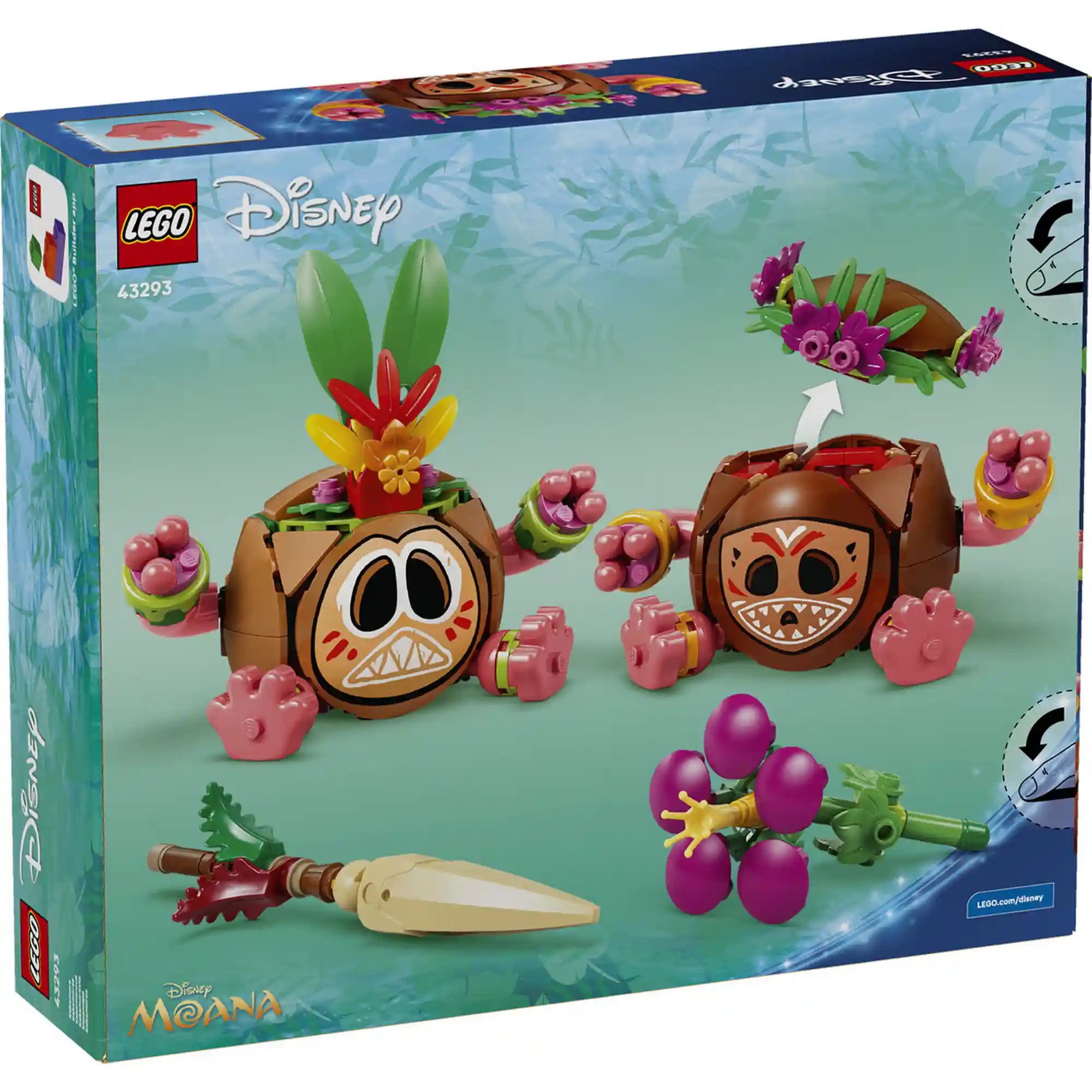 LEGO Disney: Kakamora 43293, 407 darabos készlet hátoldali dobozképe, amely bemutatja a figurák átalakítható funkcióit, a levehető díszeket és a játék közbeni variációkat.