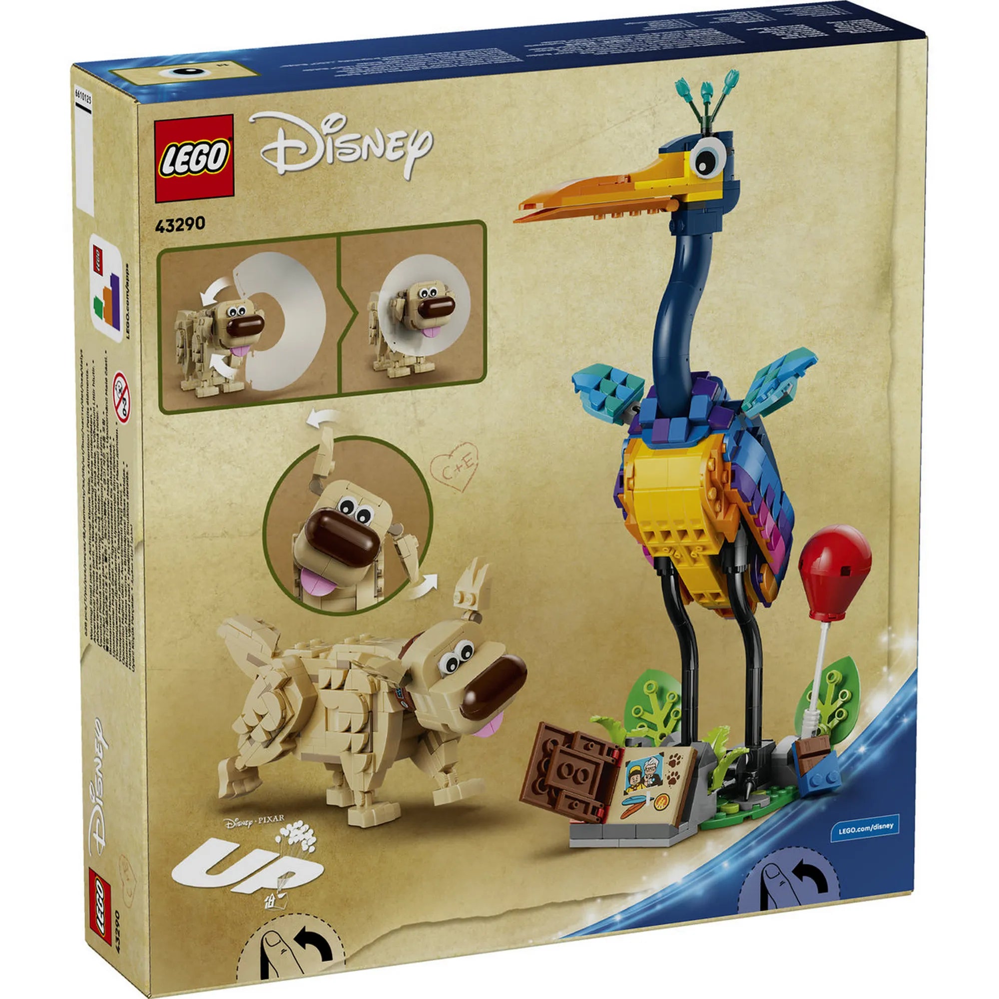 LEGO Disney: Kevin és Dug 43290, 628 darabos – a készlet hátoldali dobozképe Kevin madárral, Dug kutyával és a mozgatható építési funkciók bemutatásával.